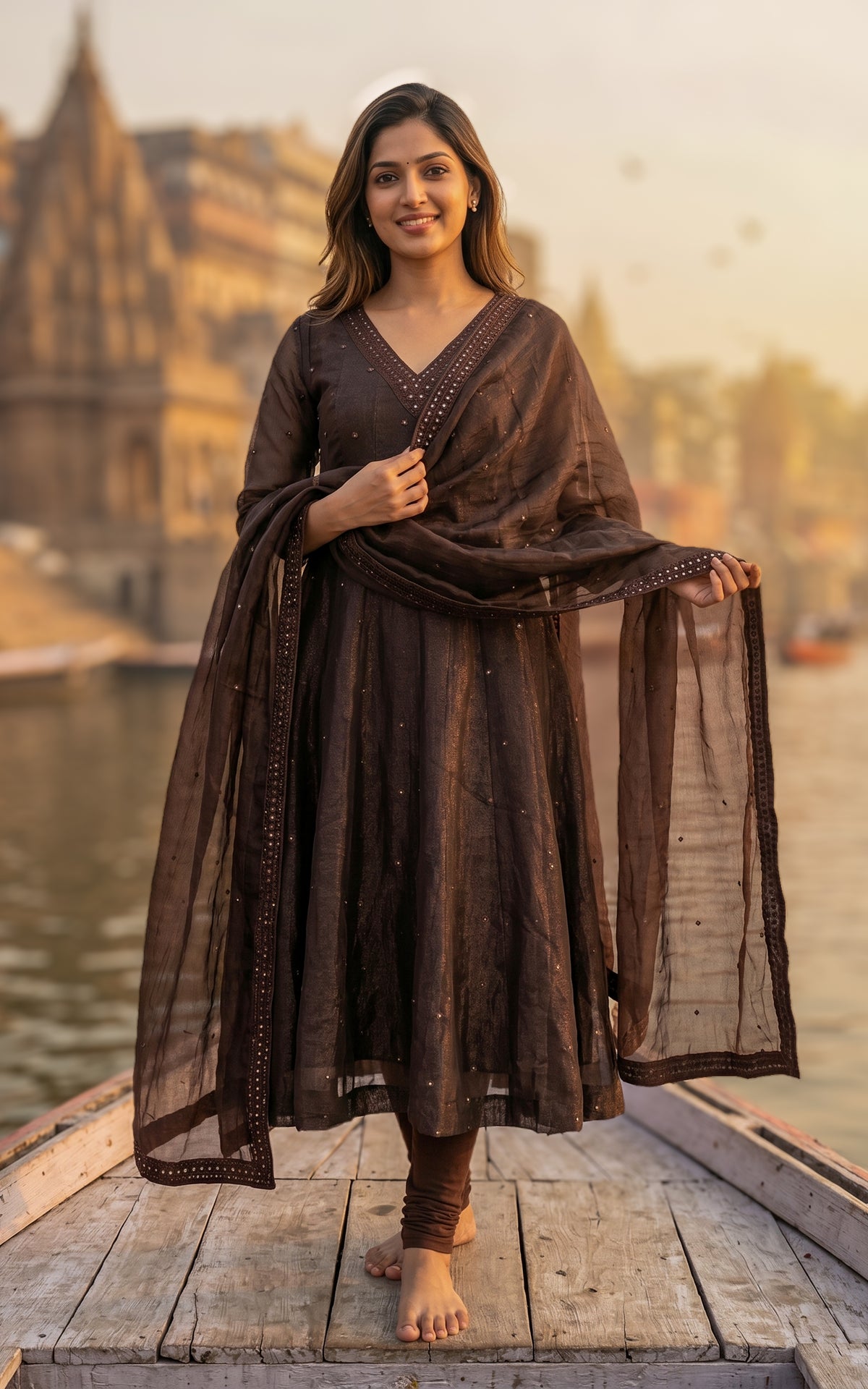 Instore – Dark Brown Mellinam Anarkali Kurti with Dupatta for Women – Crushed Tissue Silk – Sequin Embroidery – Festive Ethnic Wear