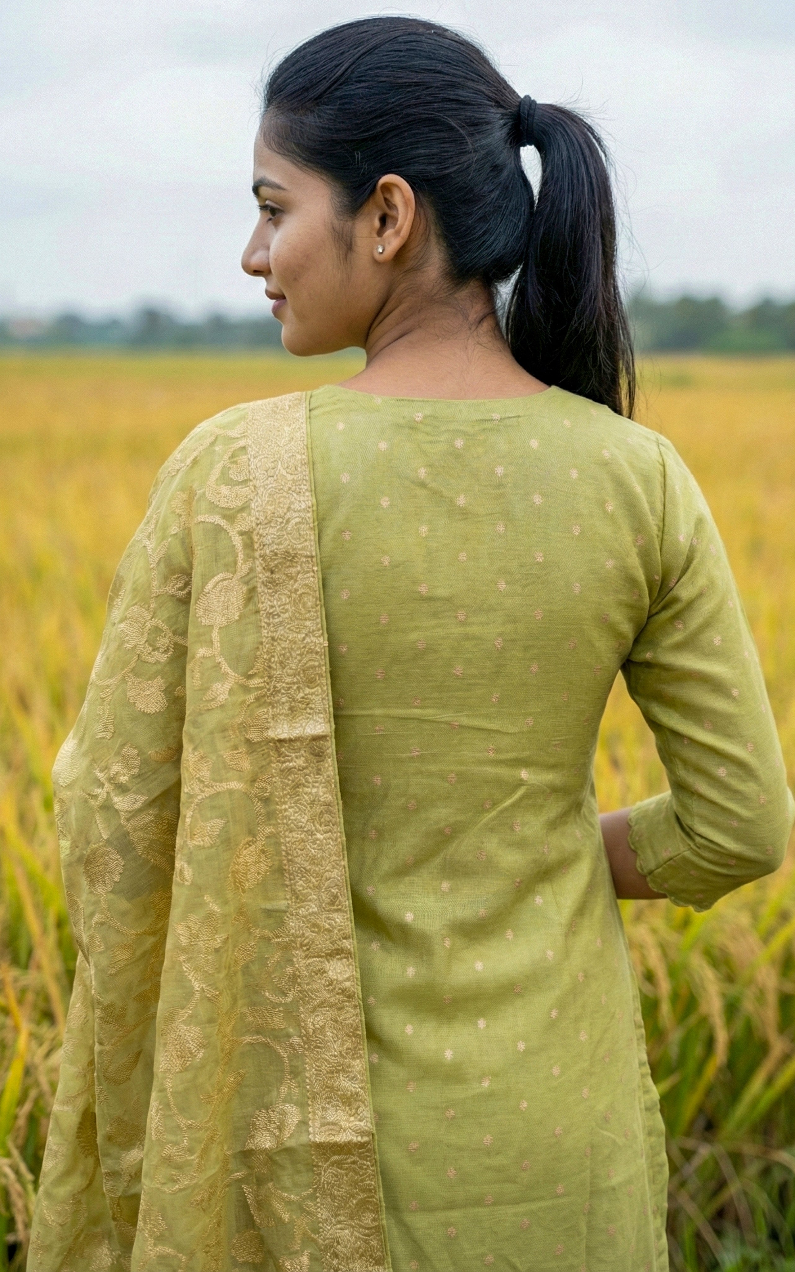 Instore - Pista Green Chanderi Straight Cut Kurti, Embroidery Neckline with Sequins Work & Pant One Side Pocket & Dupatta