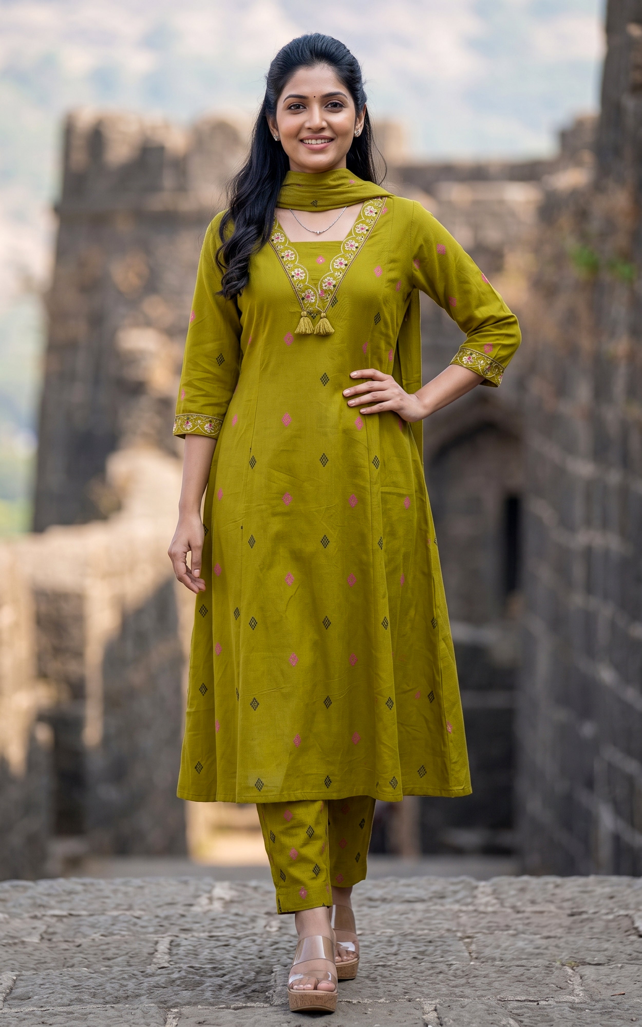 Mehandi Green Cotton Office Wear Kurti Set for Women