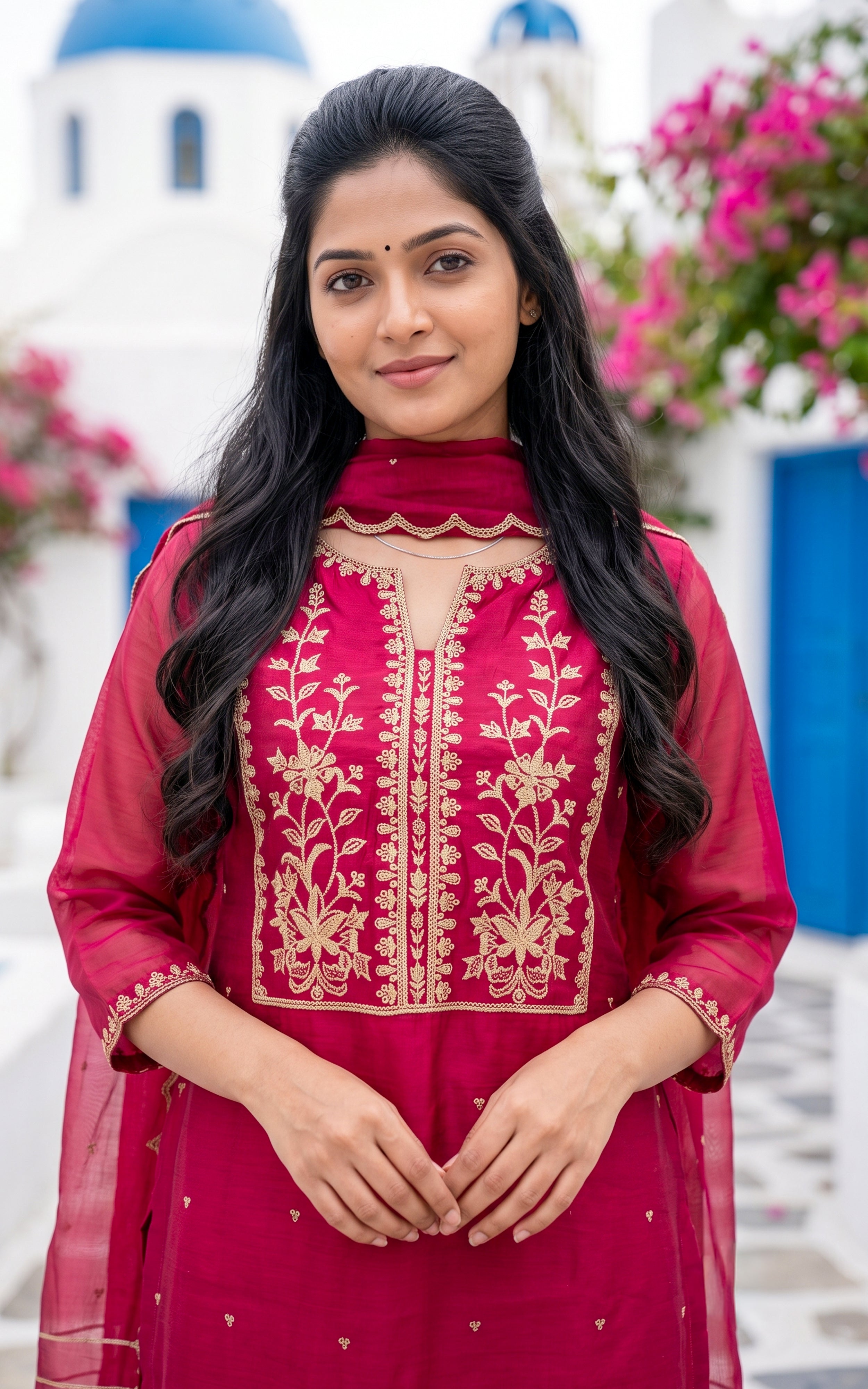 Red Chanderi Elegant Embroidered Kurti Set for Women