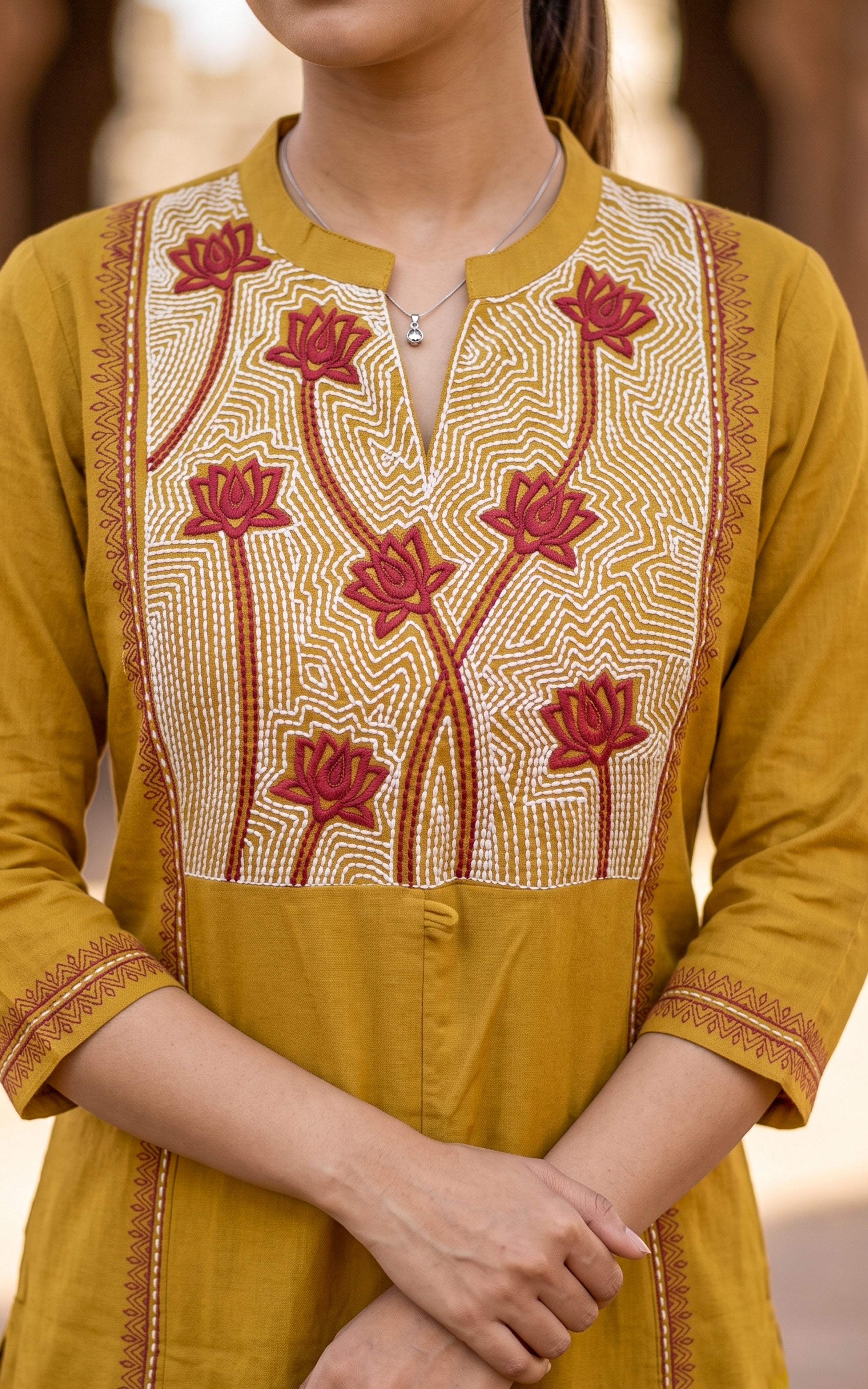 Dark Mustard Cotton Ethnic Wear Kurti Set for Women