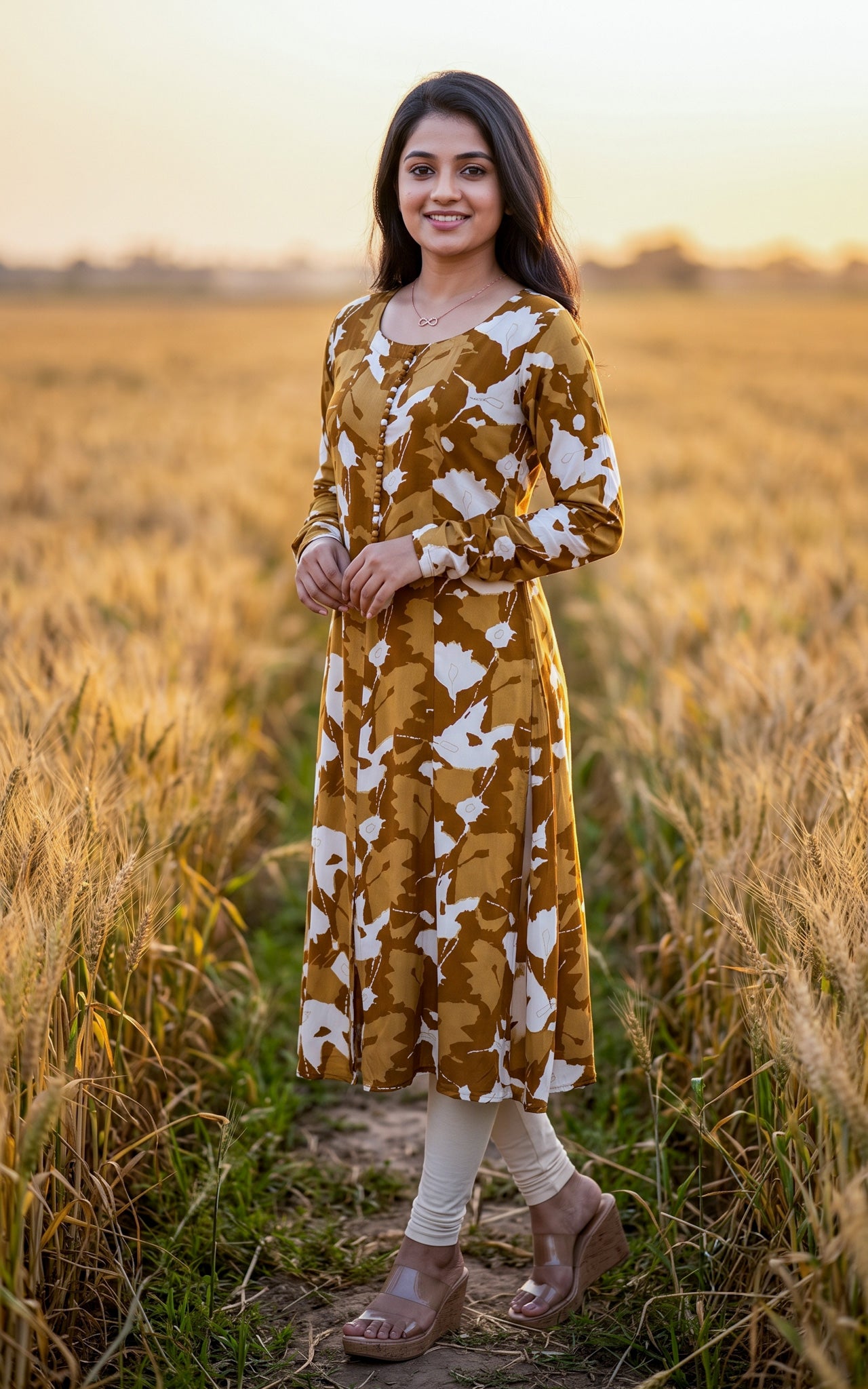 Khaki Rayon Potli Button Kurti for Women