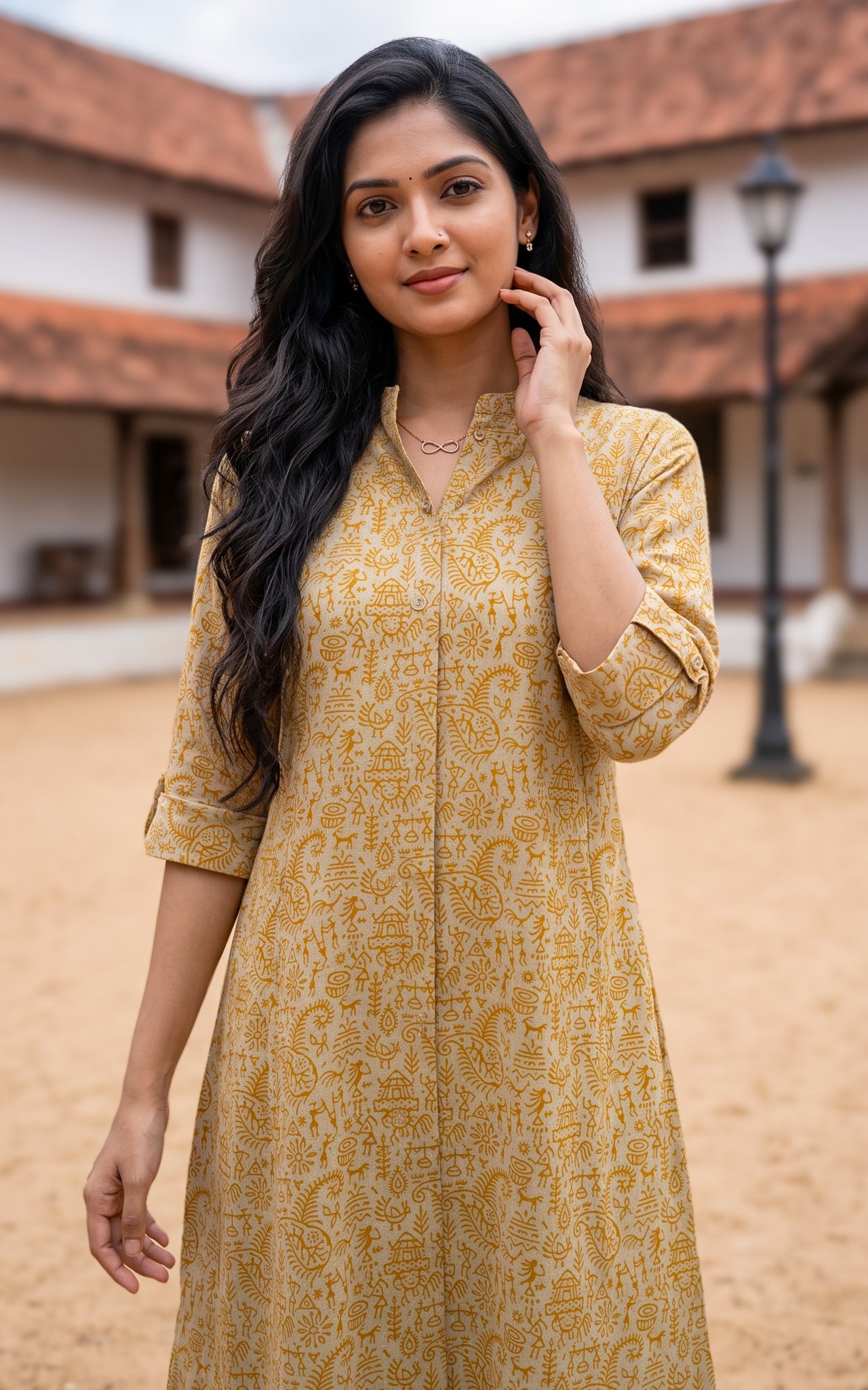 Mustard and Beige Cotton Flex Office Wear Kurti Set for Women