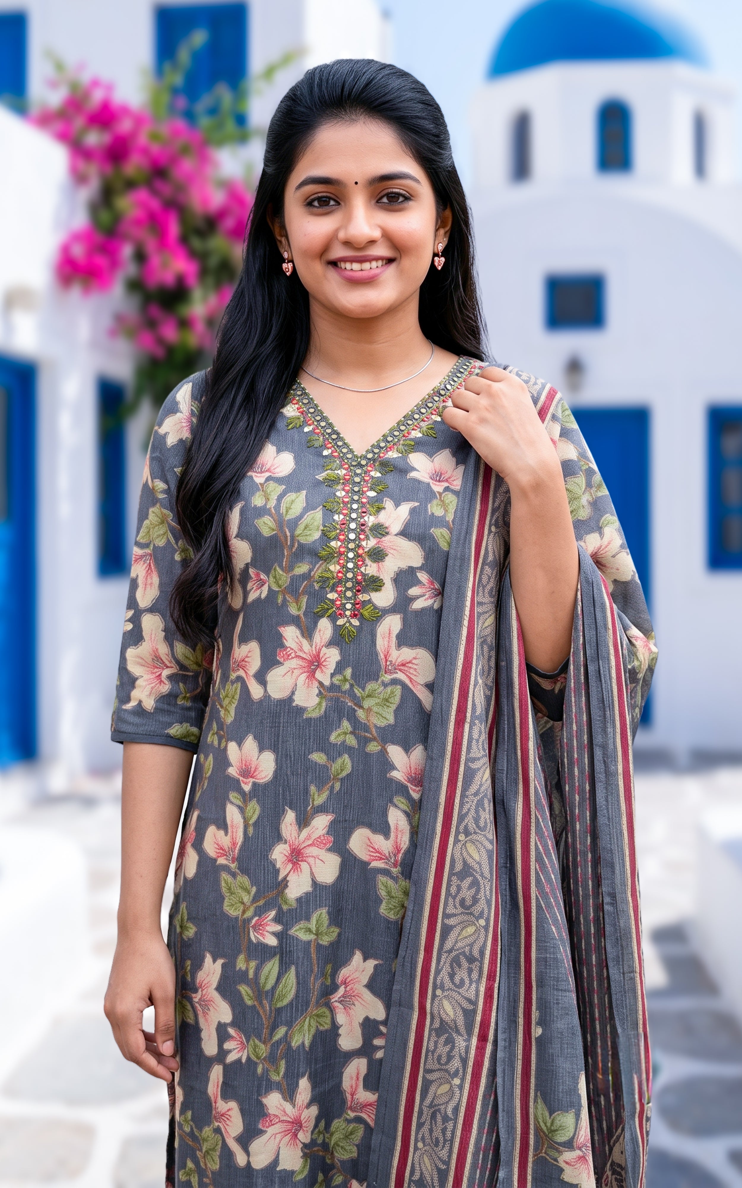 Grey Blended Rayon Ethnic Wear Kurti Set with Dupatta for Women