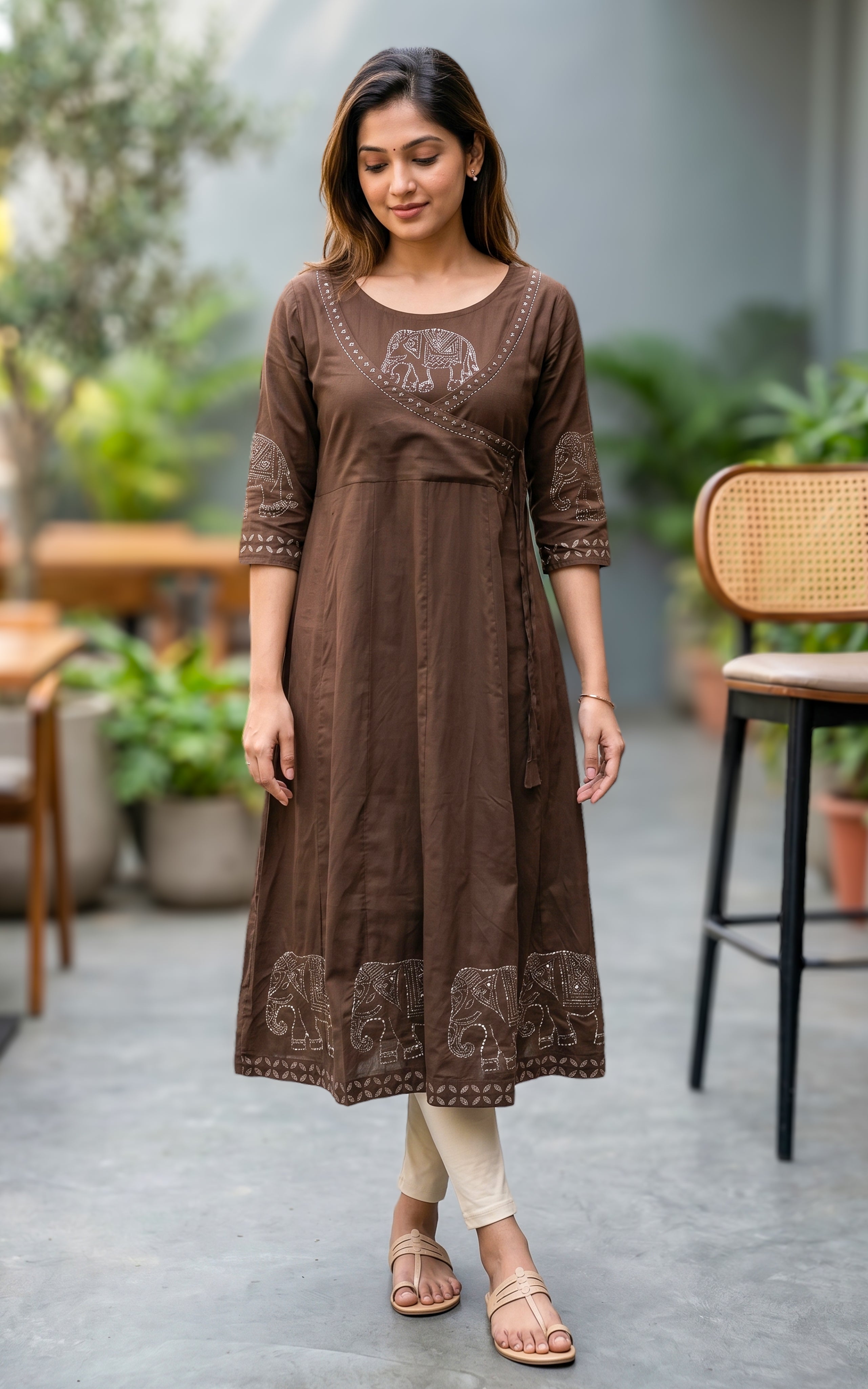 Brown cotton Angrakha kurti for women