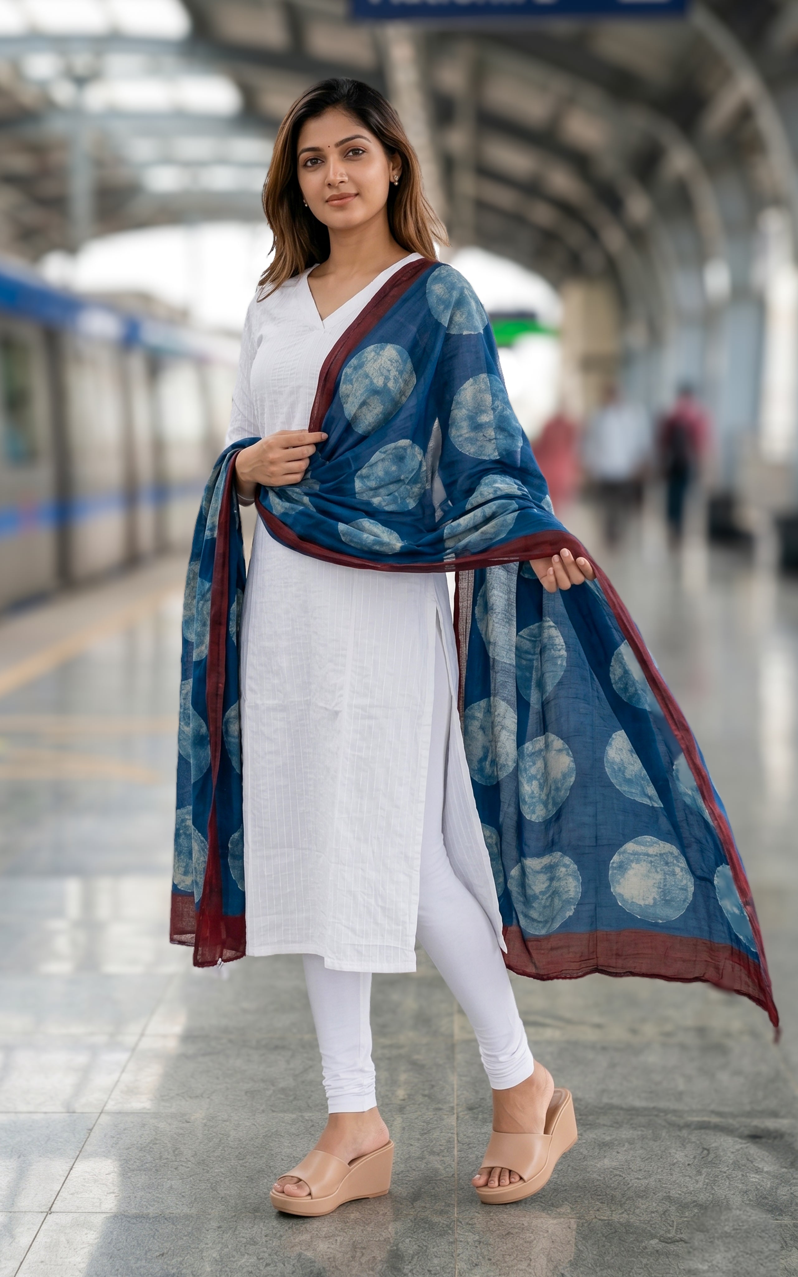 Instore - White Color V Neck Straight Cut Kurti with Side Slit and Pintuck Detailing, Paired with Indigo Dupatta, No Lining