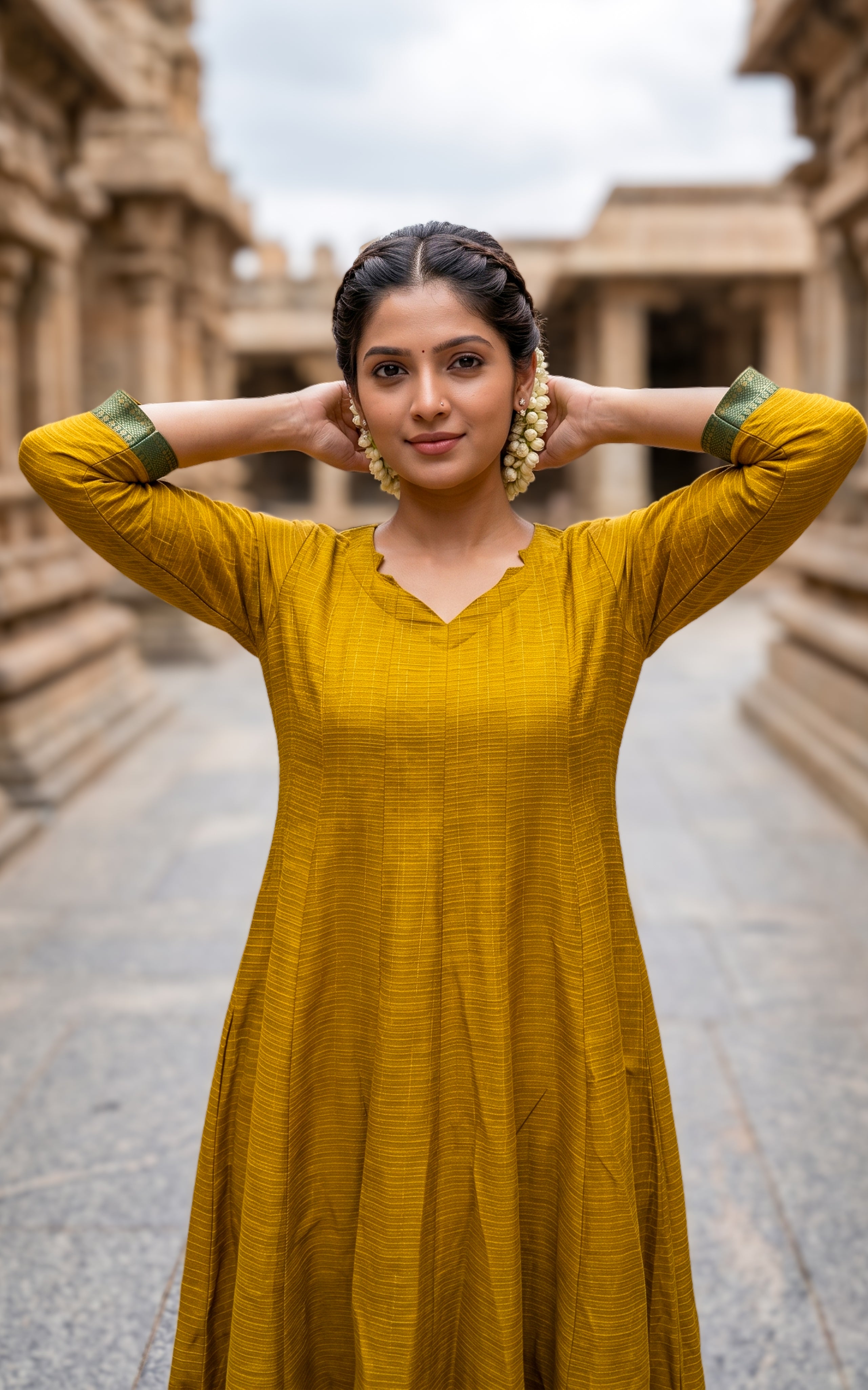 Instore – Mustard Azhagumalar Anarkali Kurti for Women – Slub Cotton – Contrast Zari Border – Festive Ethnic Wear