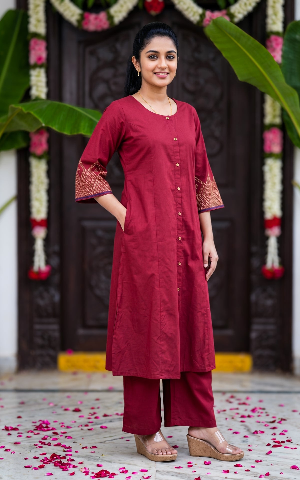 Maroon Cotton Traditional Kurti Set for Women