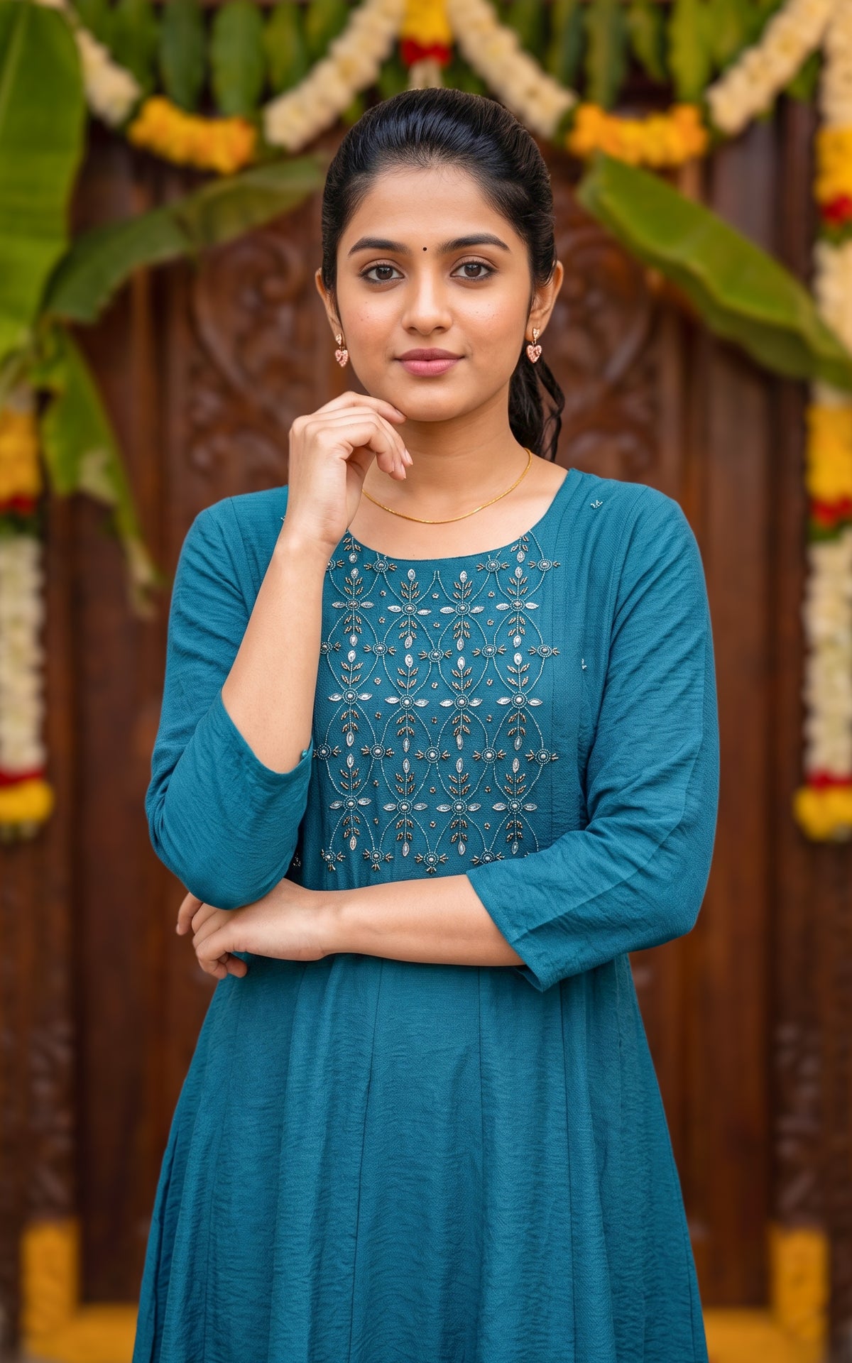 Teal Art Silk Blend Special Occasion Anarkali Kurti for Women