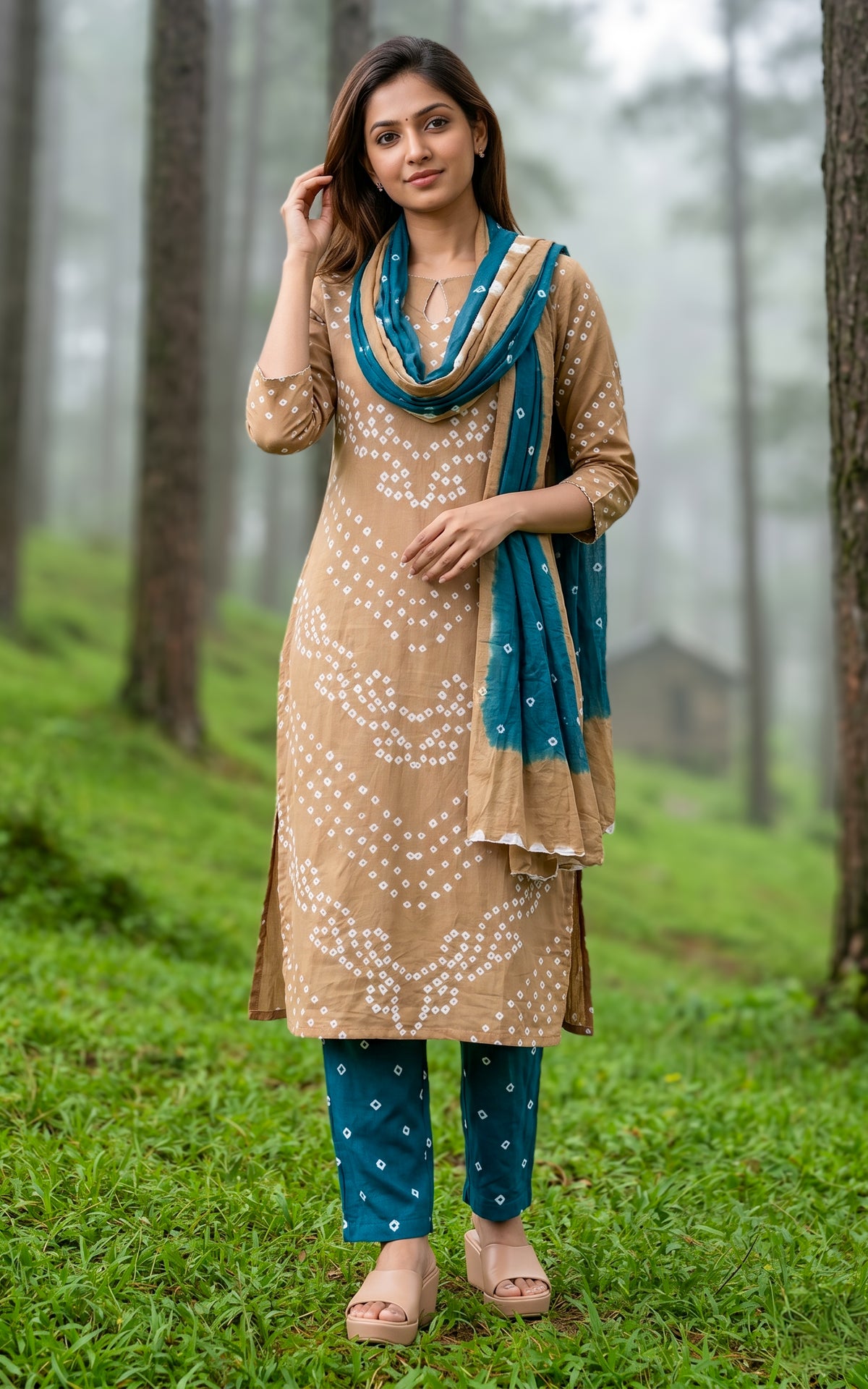 Instore – Khaki Brown Rithushka Kurti Pant Dupatta Set for Women – Cotton – Bandhani Printed – Ethnic Wear