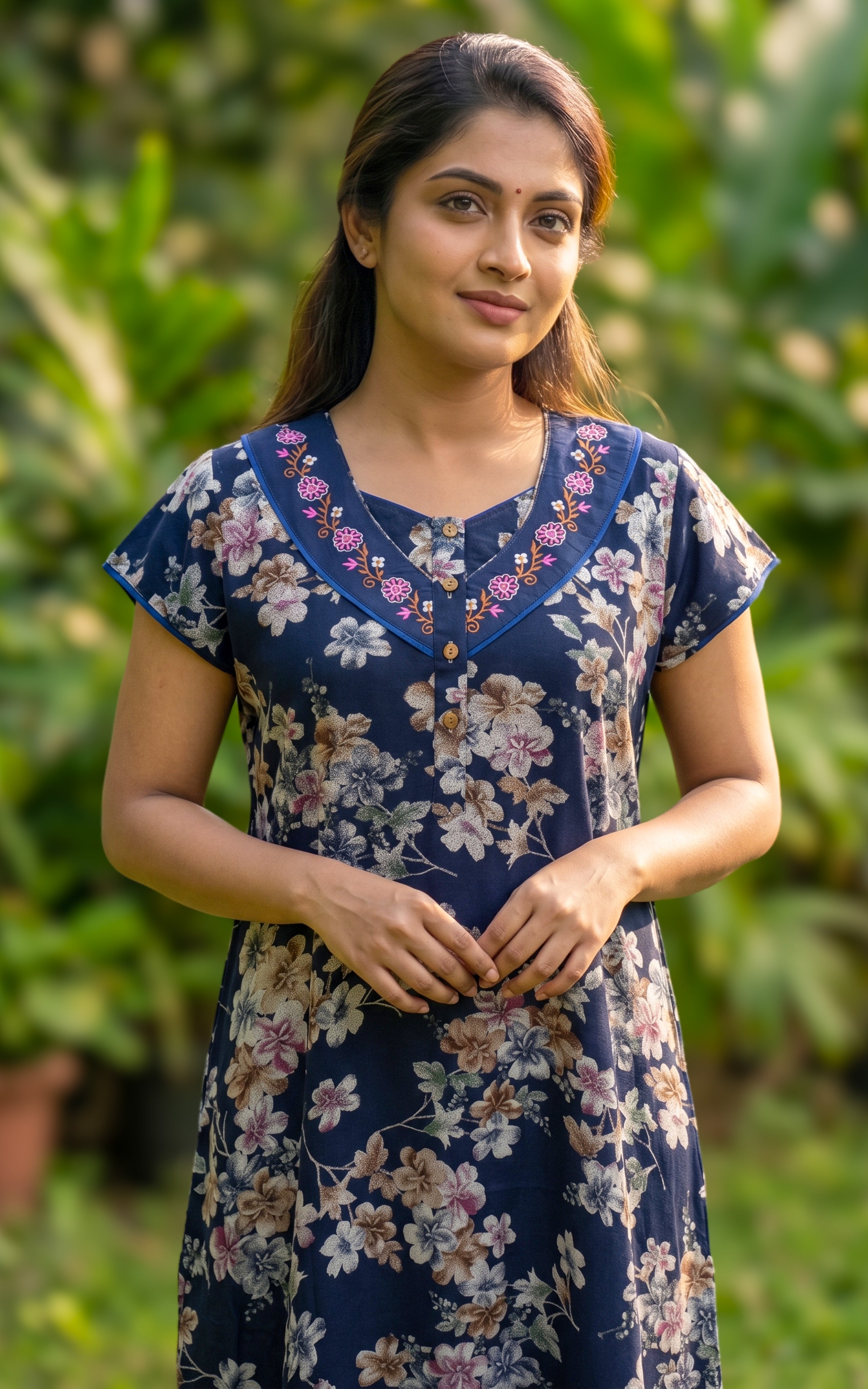 Instore - Blue Floral Print Cotton Long Nighty with Side Pocket, Relaxed Fit, Women's Sleepwear