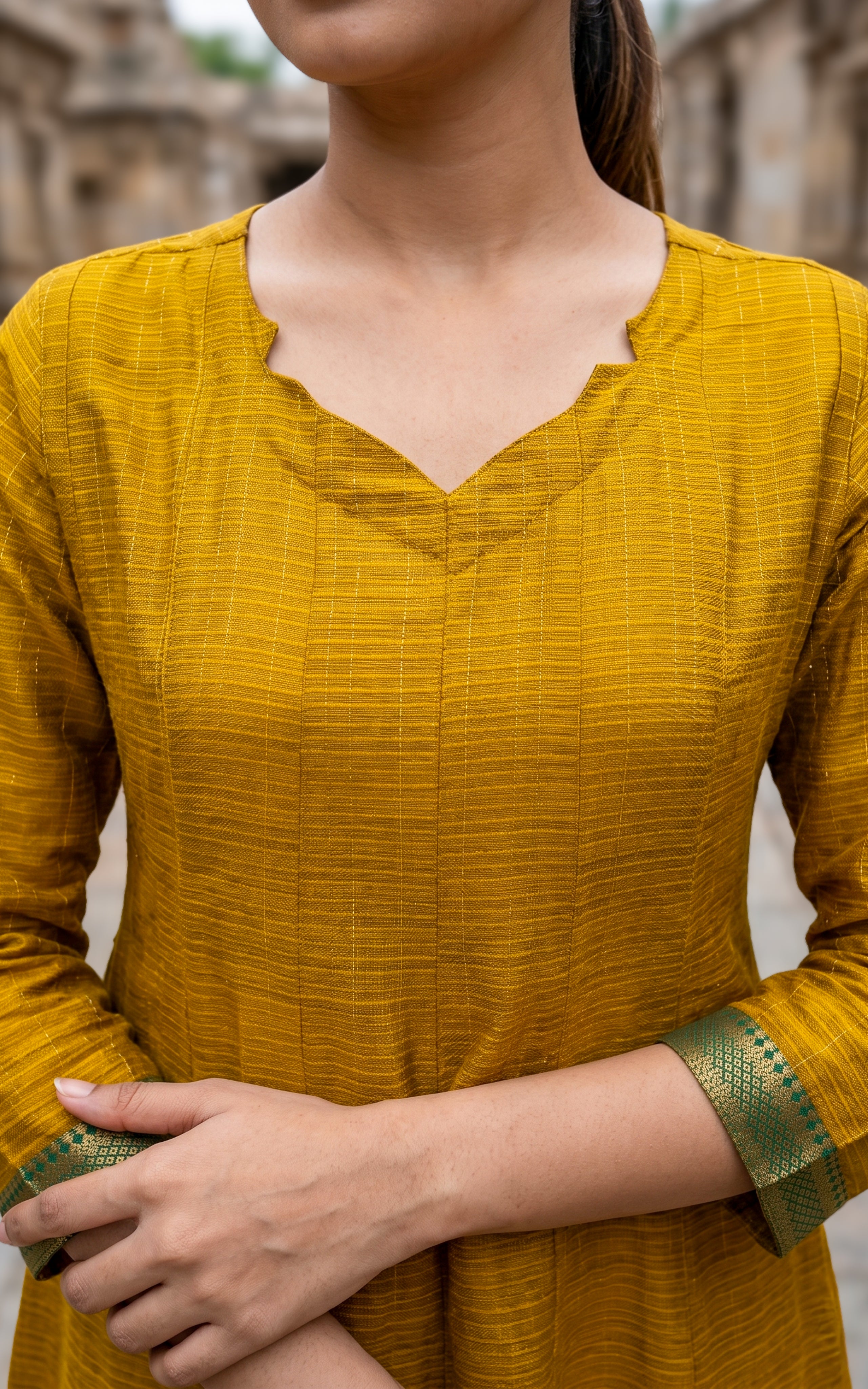 Instore – Mustard Azhagumalar Anarkali Kurti for Women – Slub Cotton – Contrast Zari Border – Festive Ethnic Wear