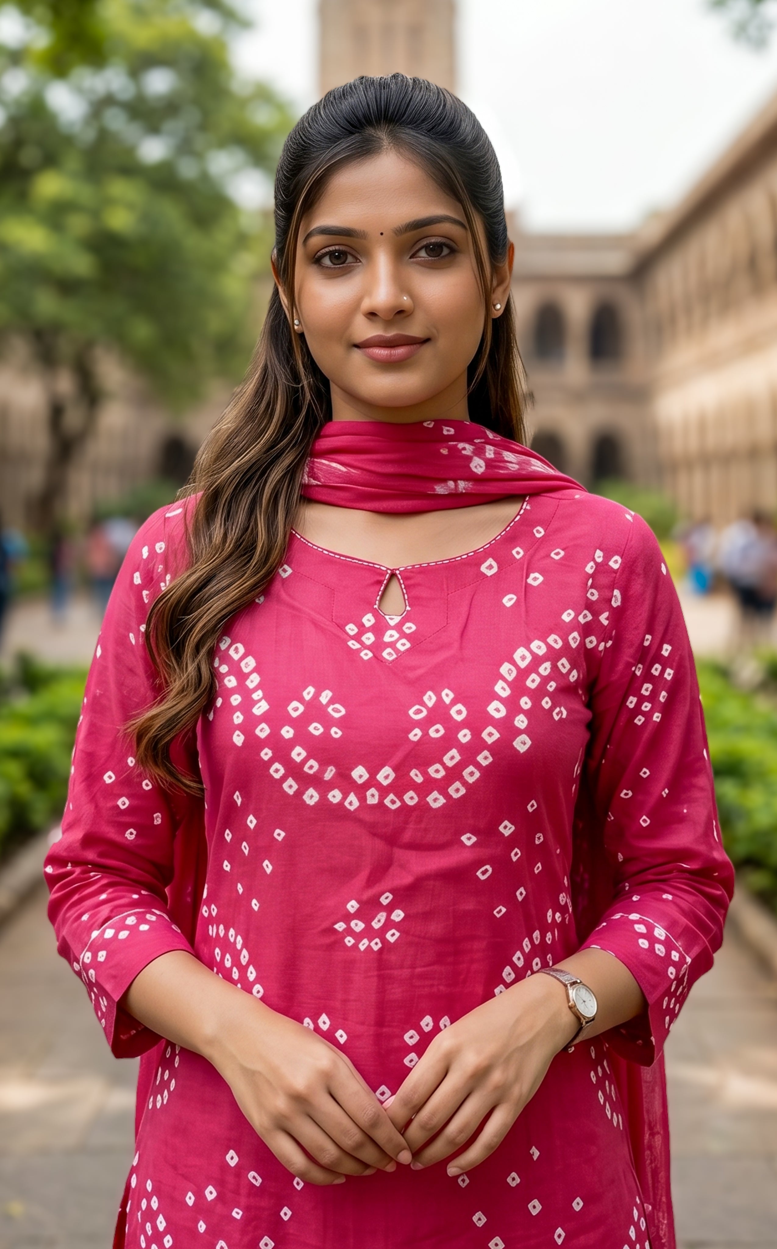 Coral red Bandhani cotton kurti set for women