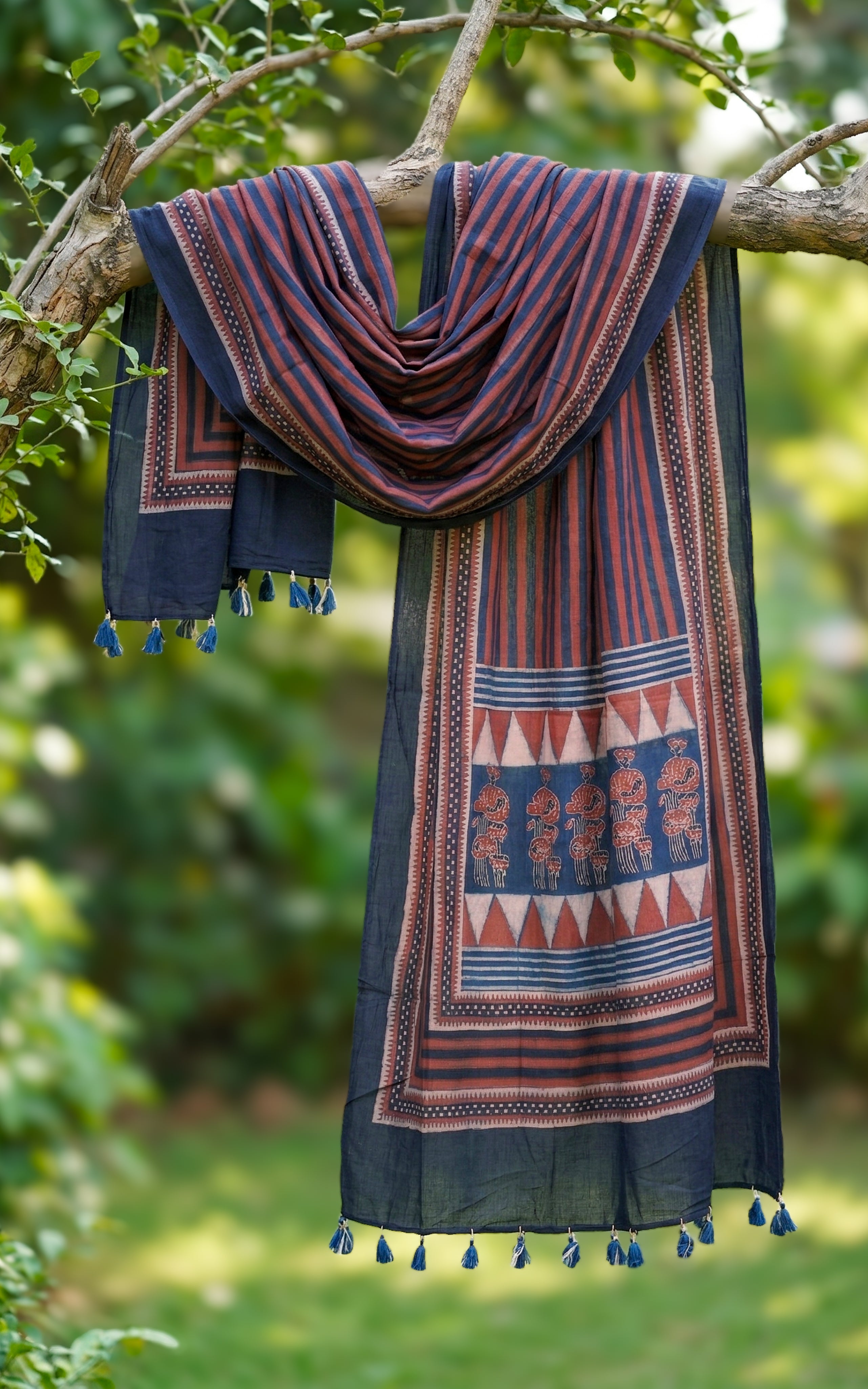 Instore – Earthy Tones Handblock Printed Dupatta for Women – Cotton – Tassels – Ethnic Wear