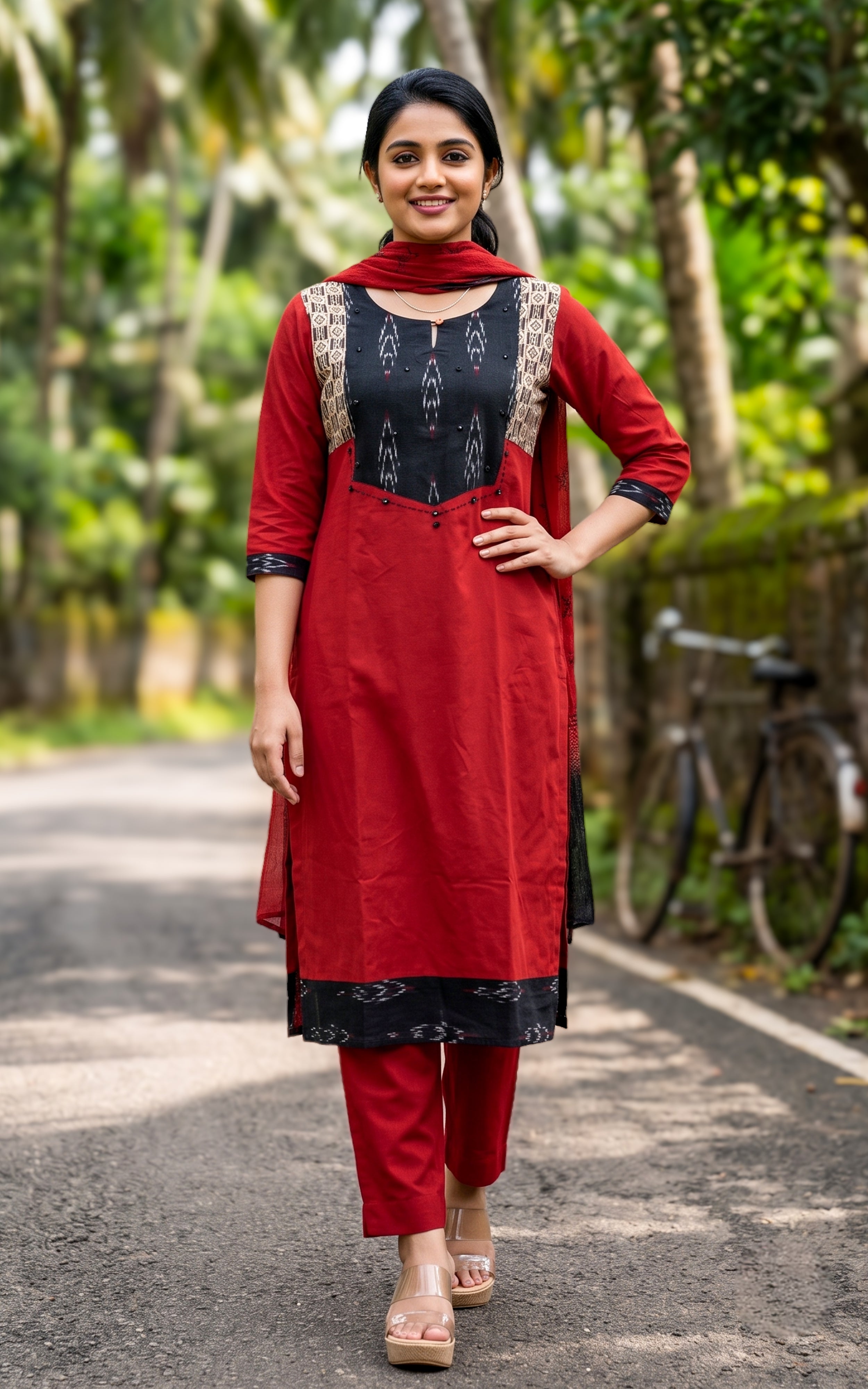 Brick Red Cotton Office Wear Kurti Set with Dupatta for Women