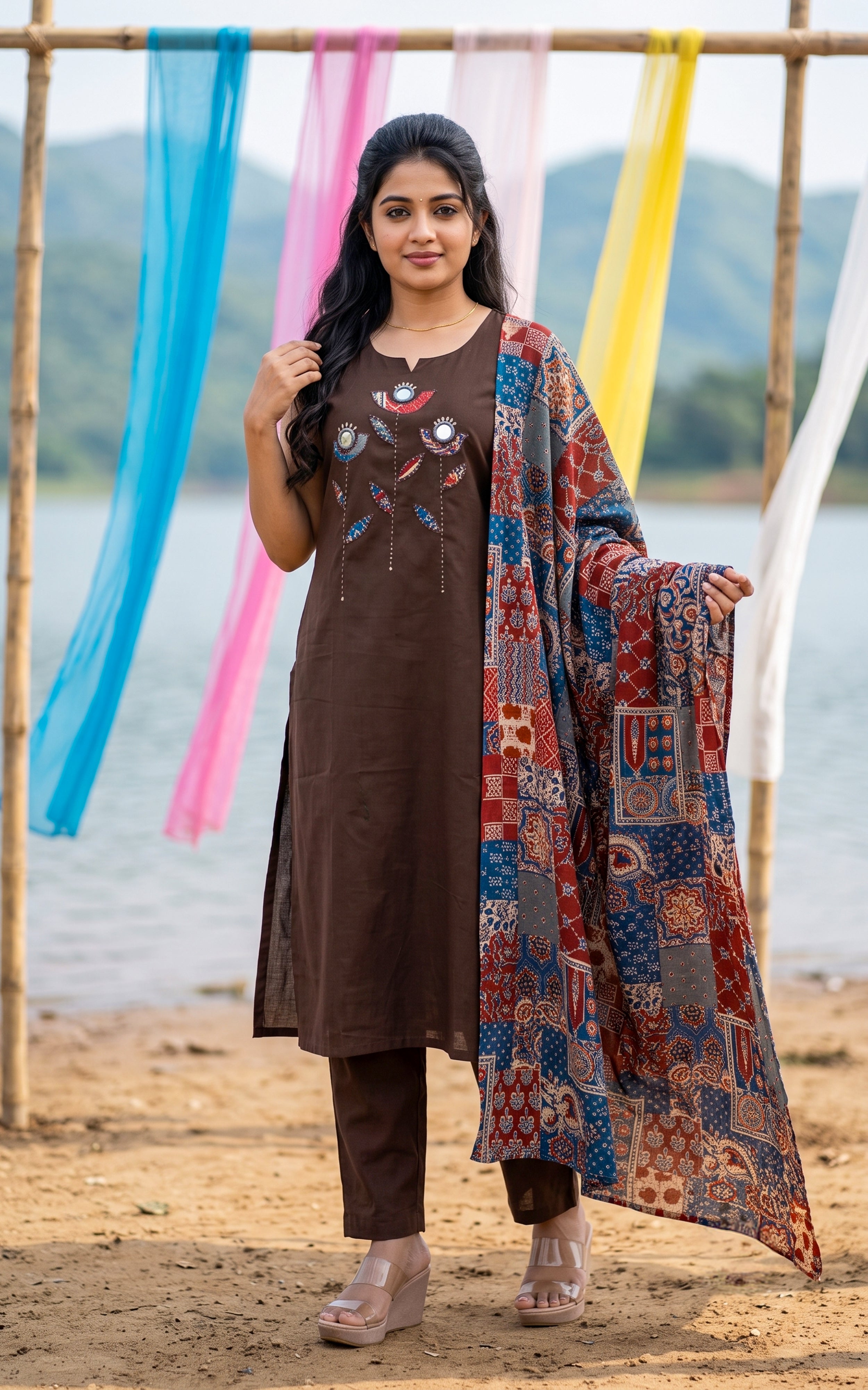 Instore – Brown Carolina Kurti Pant Dupatta Set for Women – Cotton – Printed – Ethnic Wear