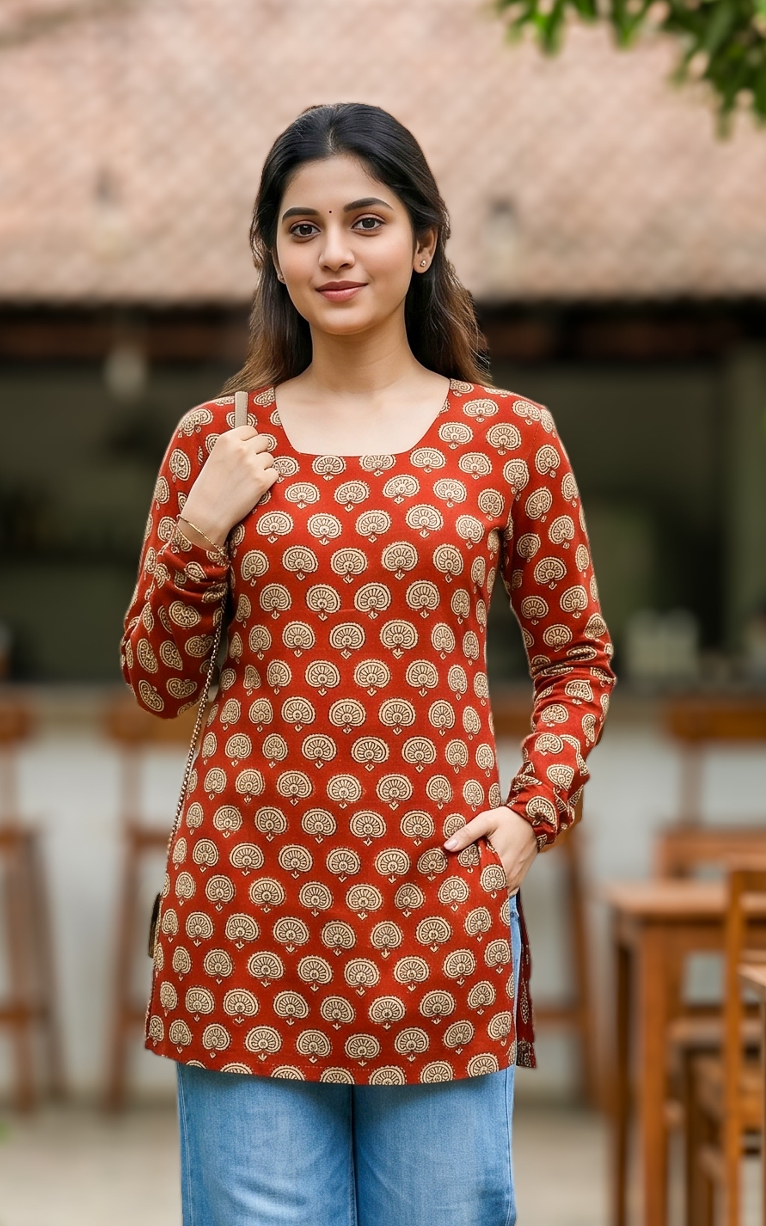 Cotton kurti with criss cross back design

Straight cut short kurti for women
