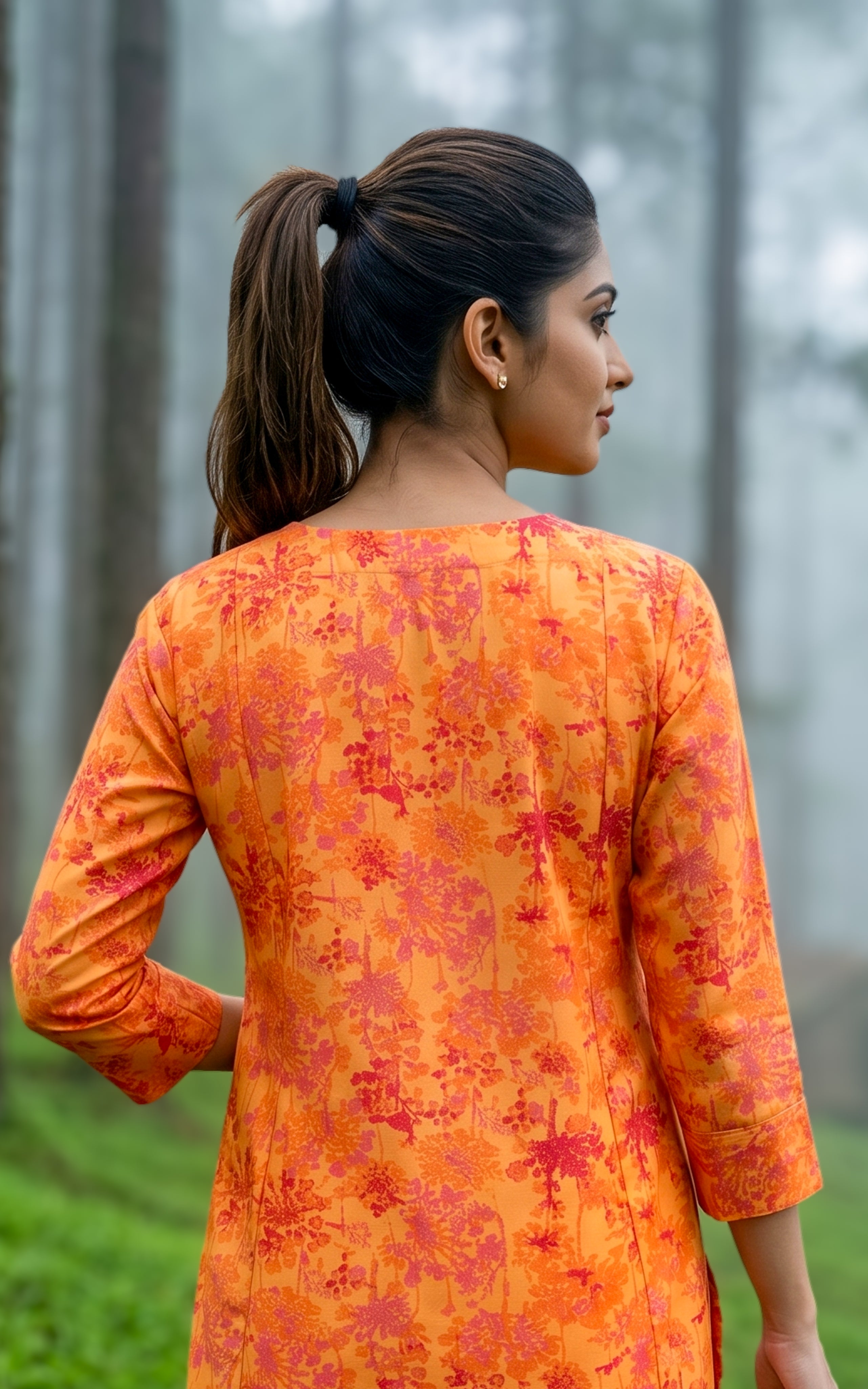 Golden orange kurti with decorative buttons for women