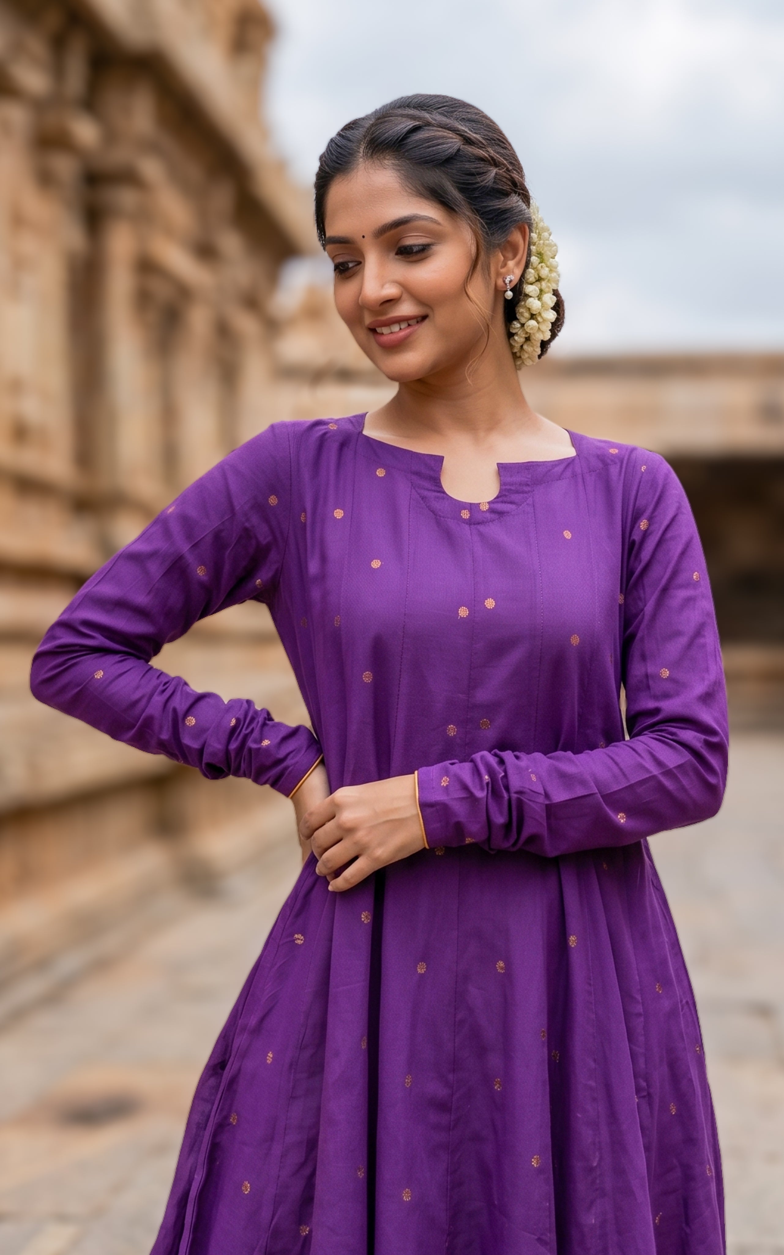 Instore – Violet Anudeepthi Anarkali Kurti with Dupatta for Women – Cotton – Gathered Sleeve – Festive Ethnic Wear