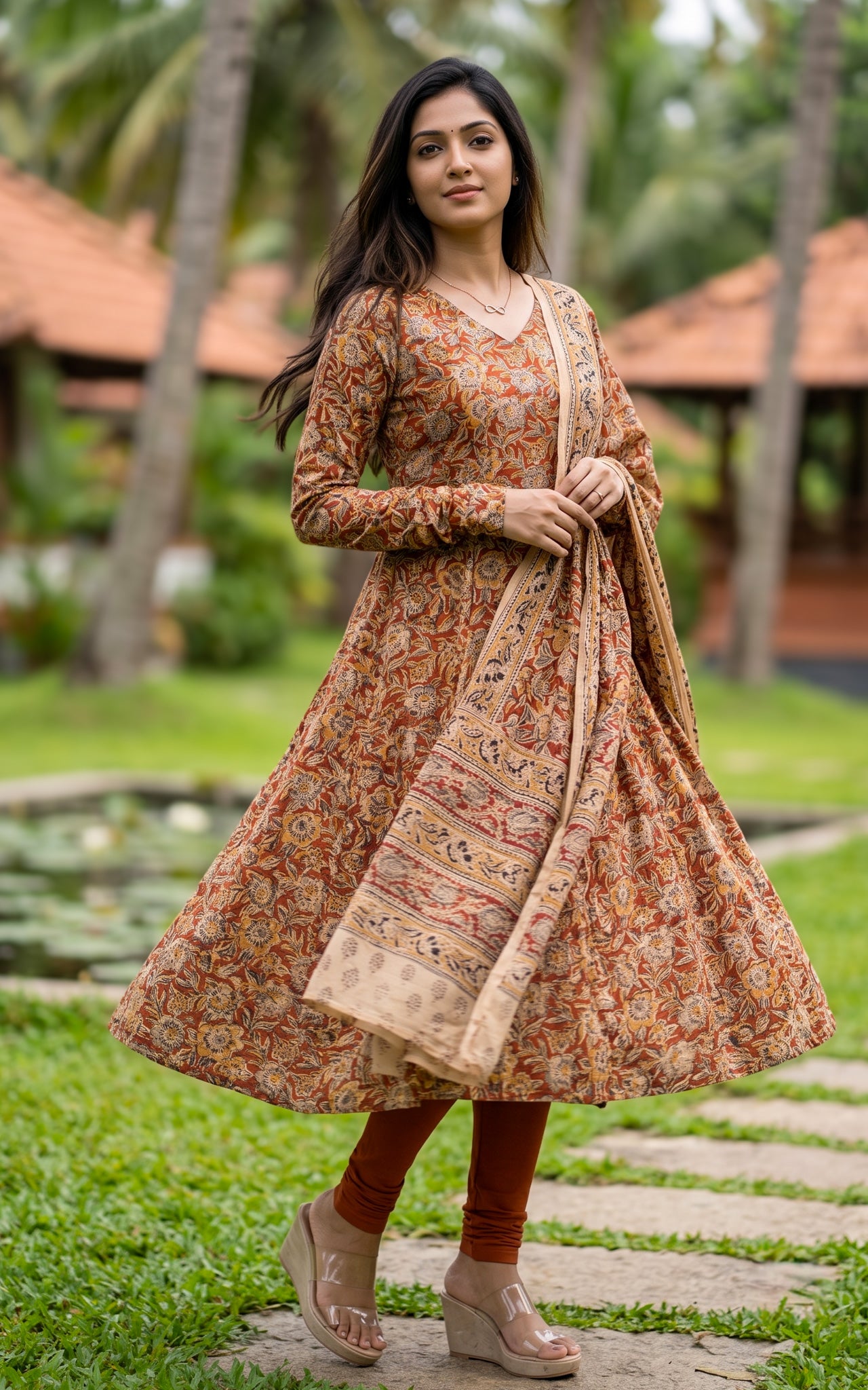 Rust Kalamkari Cotton Daily Wear Kurti Dupatta for Women