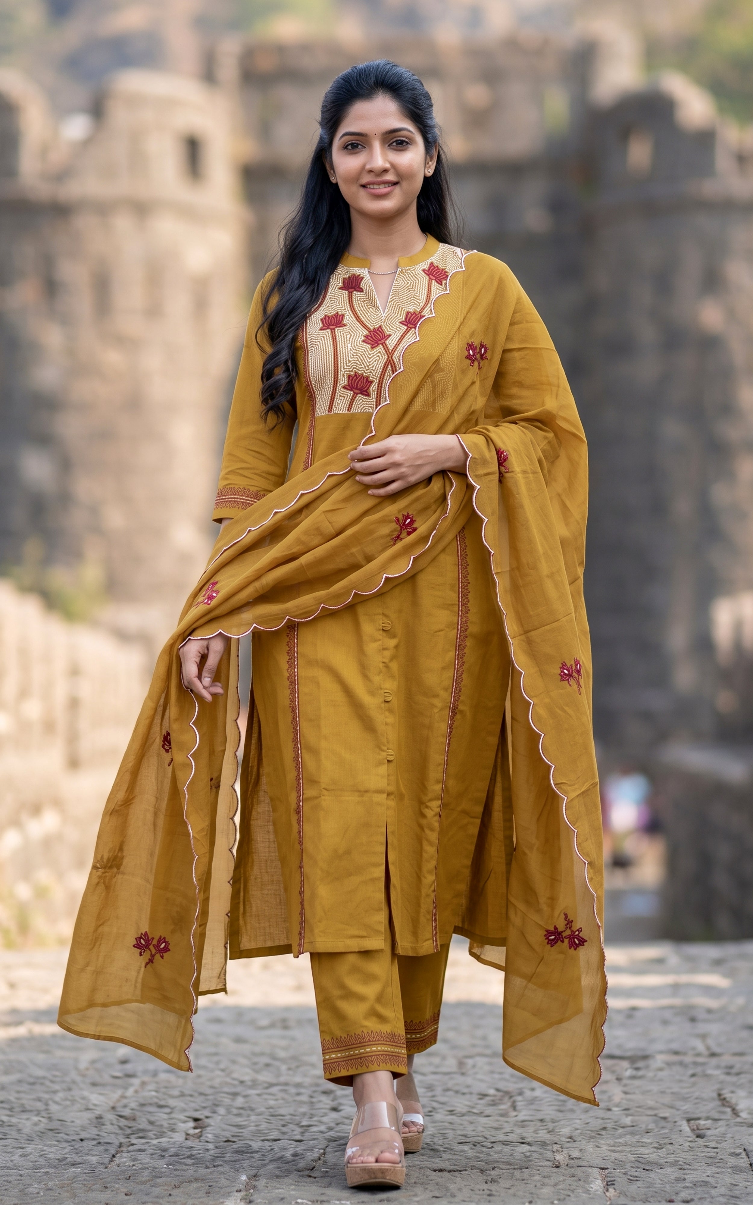 Dark Mustard Cotton Office Wear Kurti Set for Women