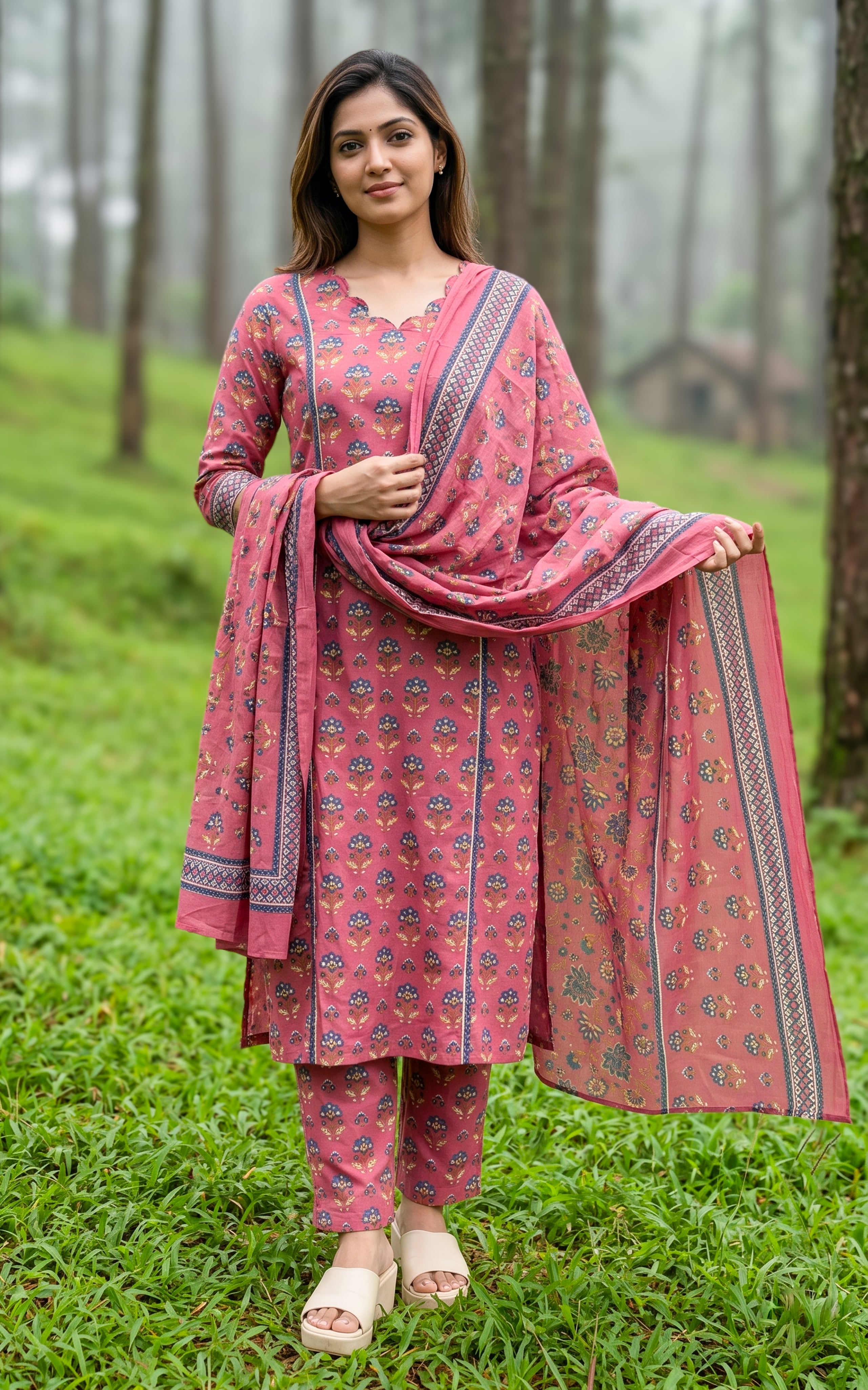 Peach printed cotton kurti set for women