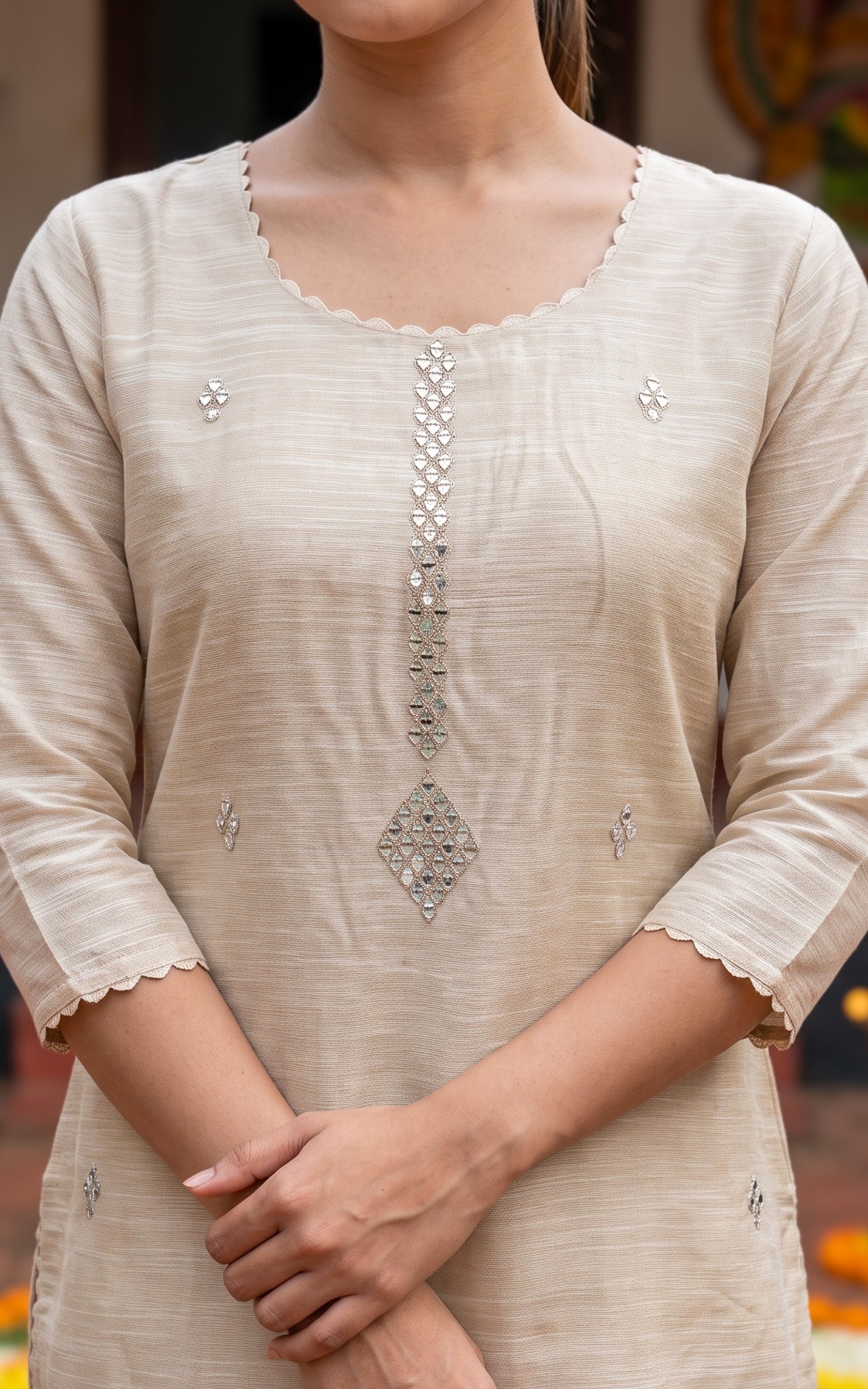 Beige Chanderi Onam Collection Kurti Set for Women