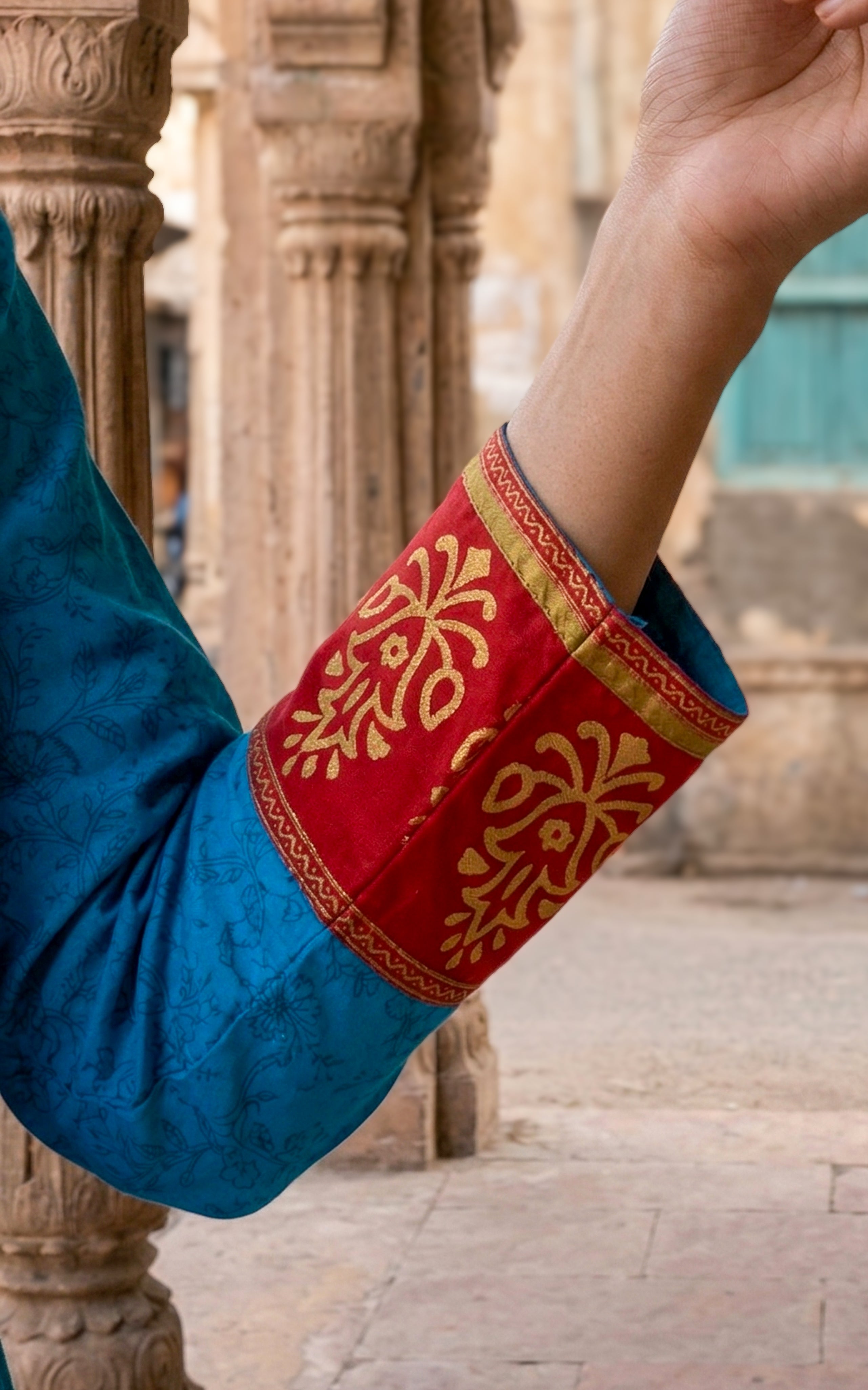 Instore - Blue Color Cotton  Handblock Aline Kurti Featuring Contrast Yoke Panel