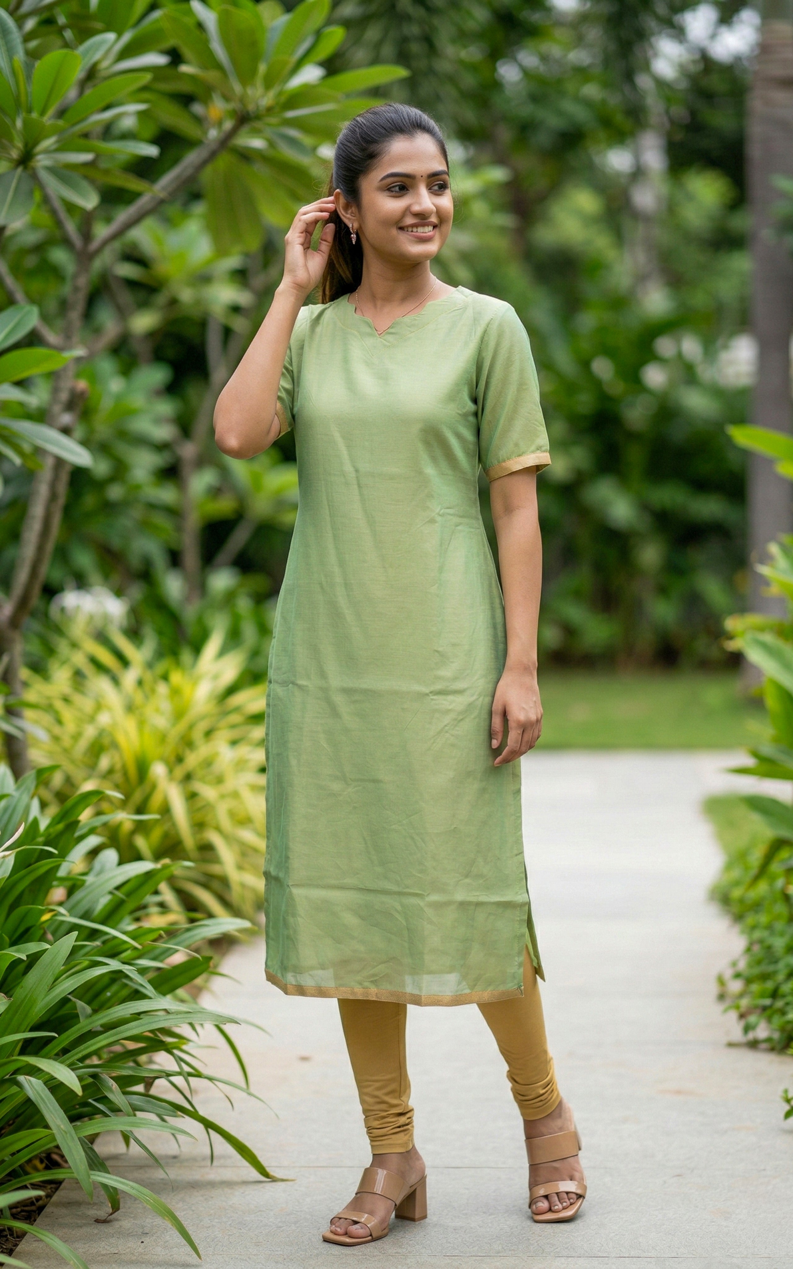 Ethnic Pista Green Silk Cotton Kurti for Women