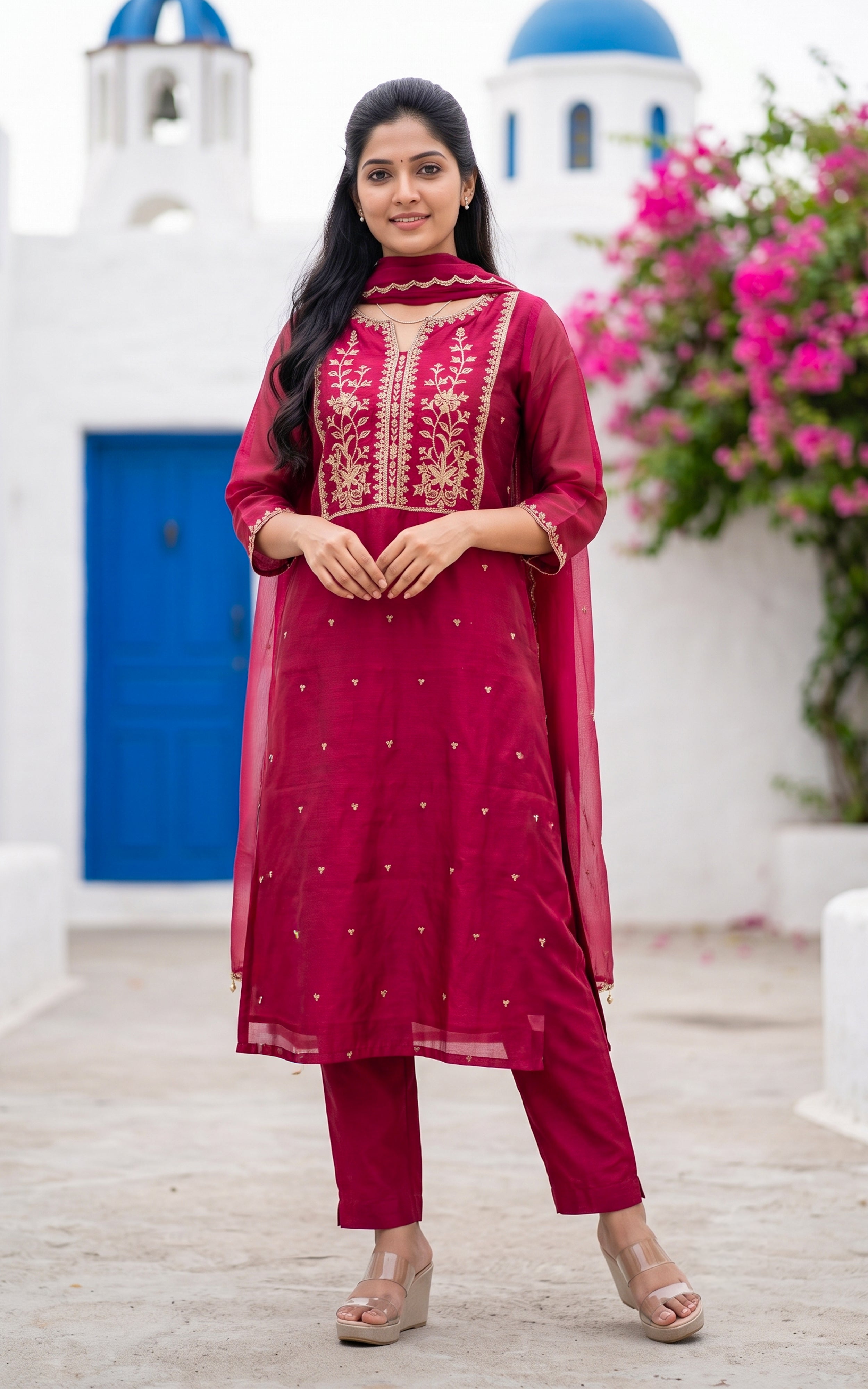 Red Chanderi Kurti Set with One Side Pocket Pant for Women
