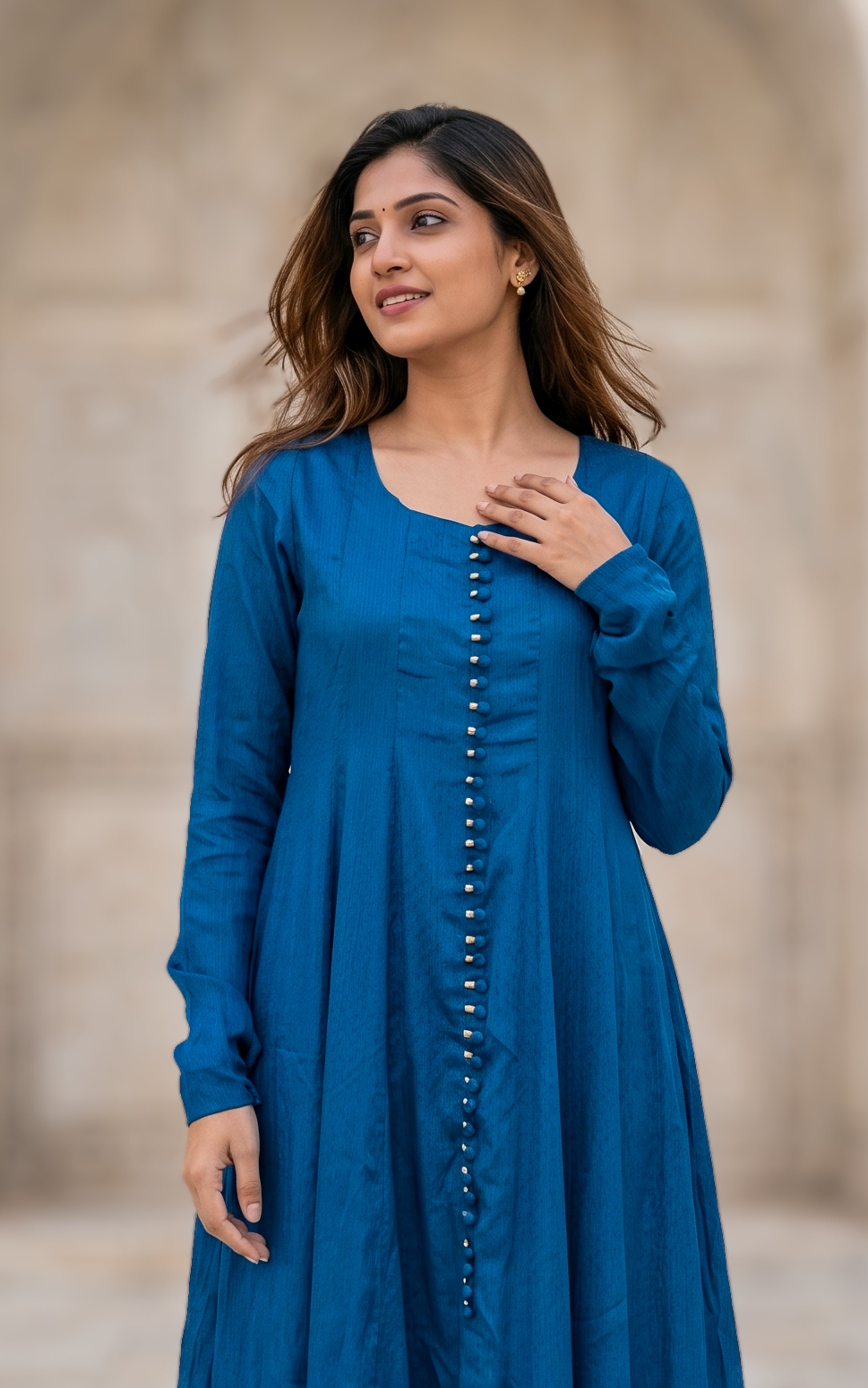 teal blue Anarkali dress for women, elegant long flare kurti