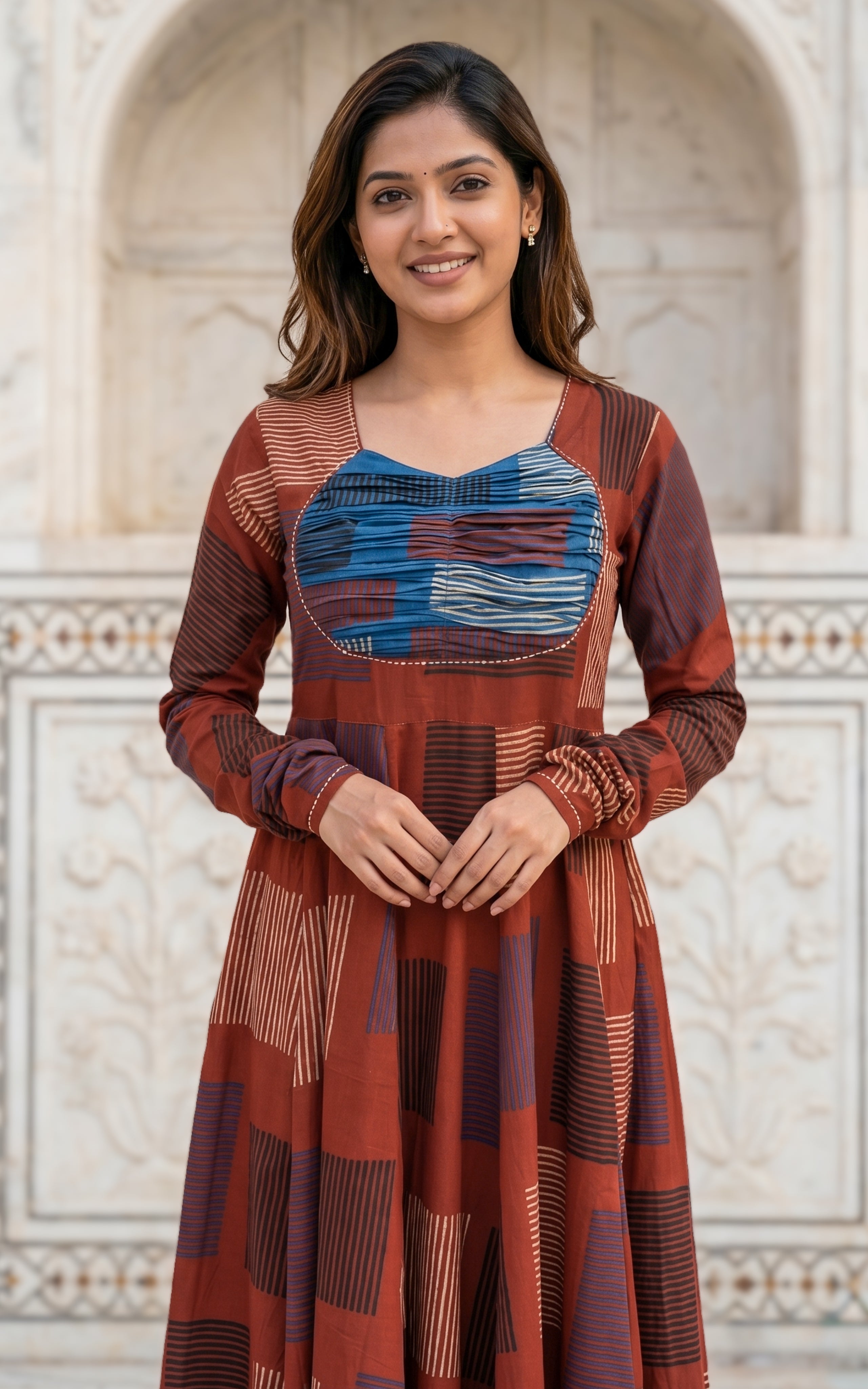 Instore - Maroon Color Printed Cotton Flared Anarkali Kurti with Line Embroidery & Sweetheart Neck with Gathered Sleeve