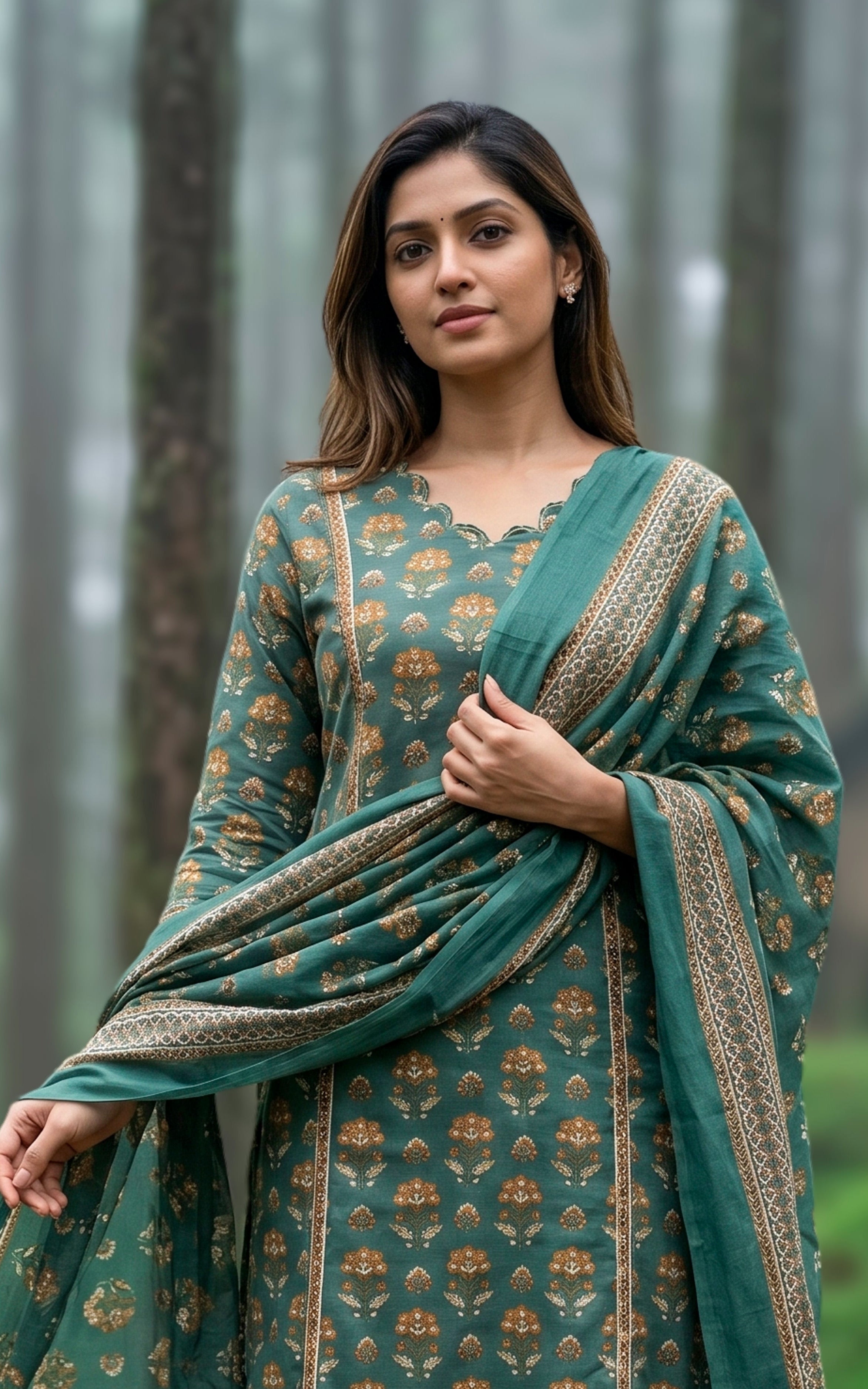 Green casual wear cotton kurti set for women
