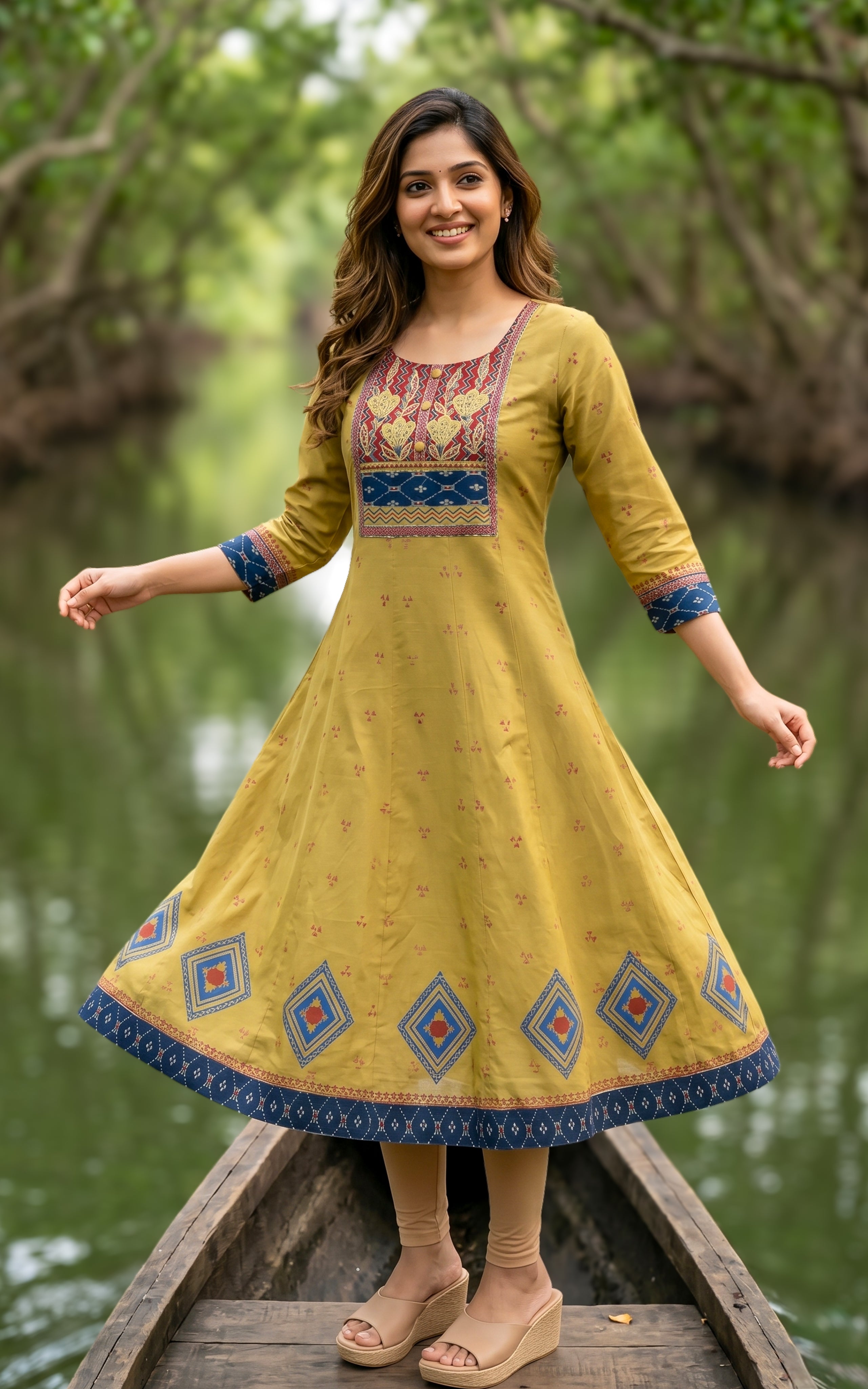 Mustard olive green casual wear cotton kurti for women