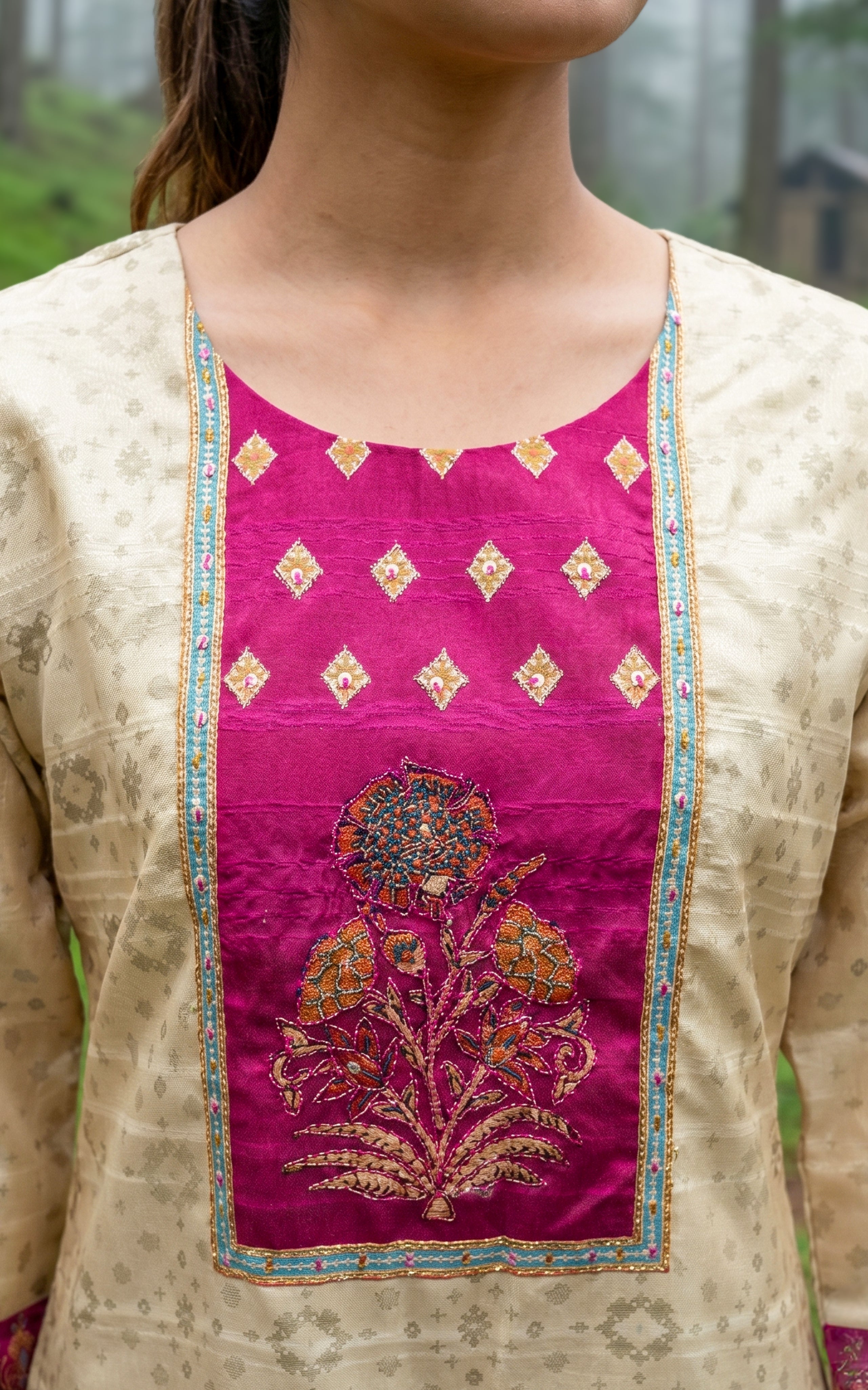 Instore – Beige Madhumeena Kurti Pant Dupatta Set for Women – Art Silk – Festive Ethnic Wear