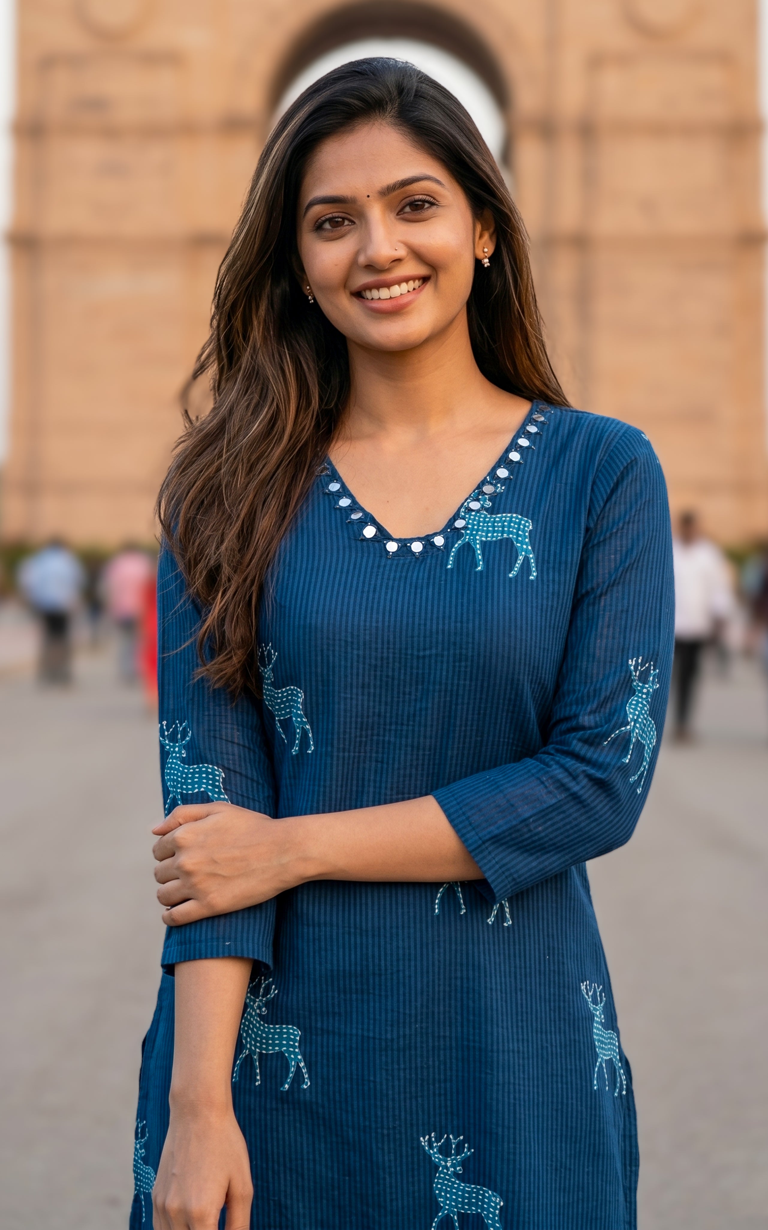 Soft cotton straight cut kurti for women

V neck kurti with mirror embroidery