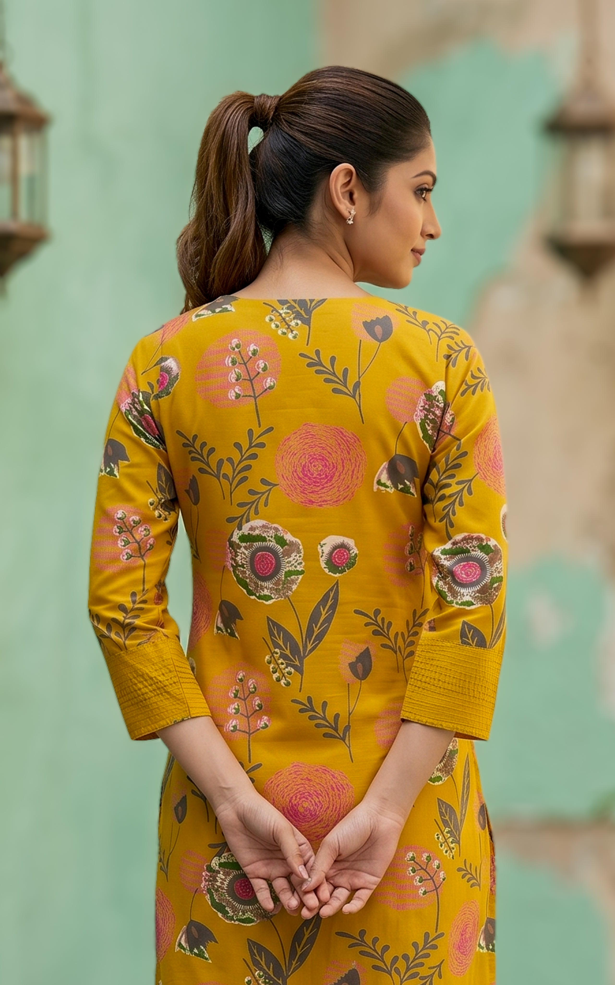 Traditional mustard cotton kurti set for women