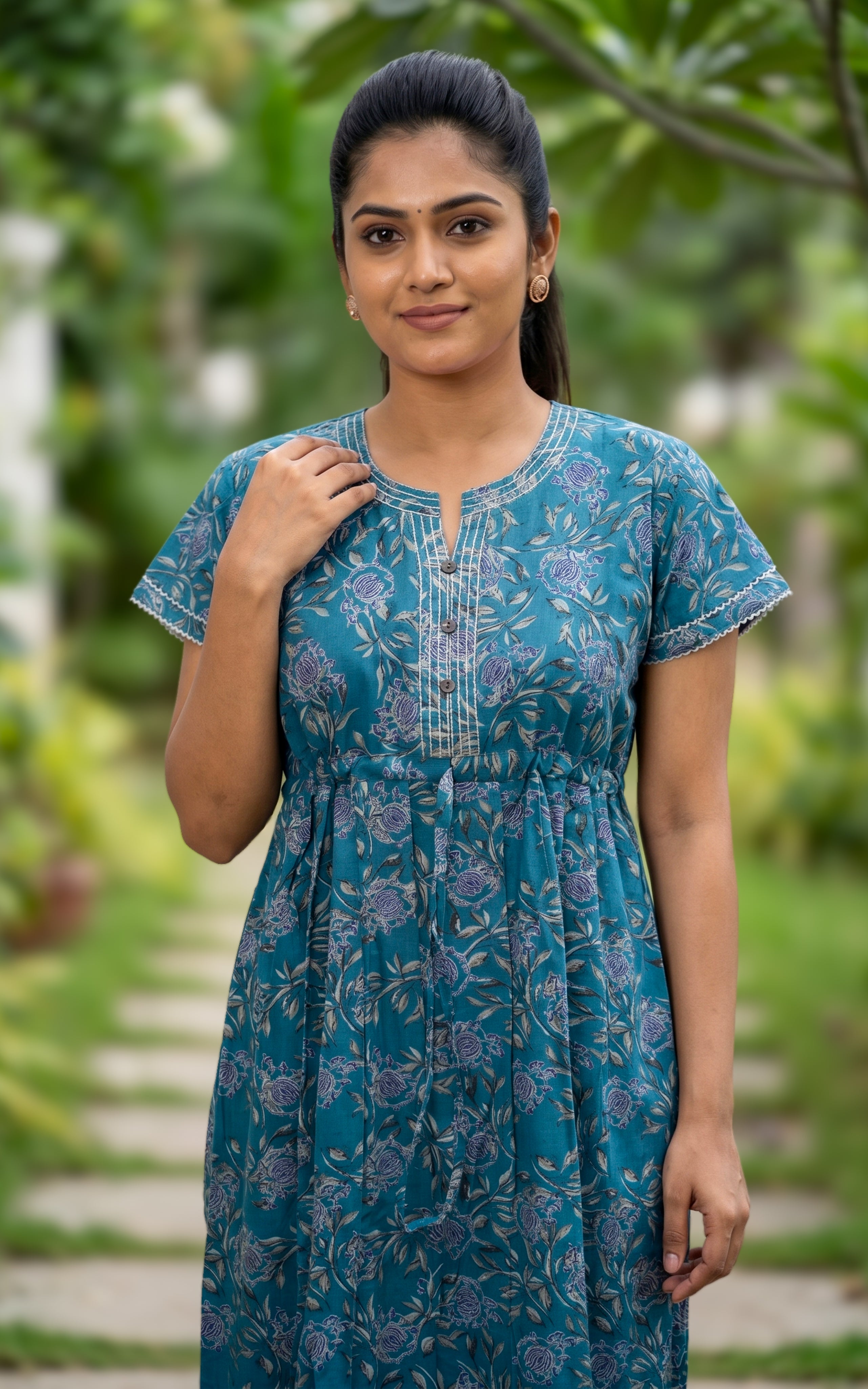 Instore - Teal Blue Floral Print Cotton Long Nighty with Side Pocket, Relaxed Fit, Women's Sleepwear