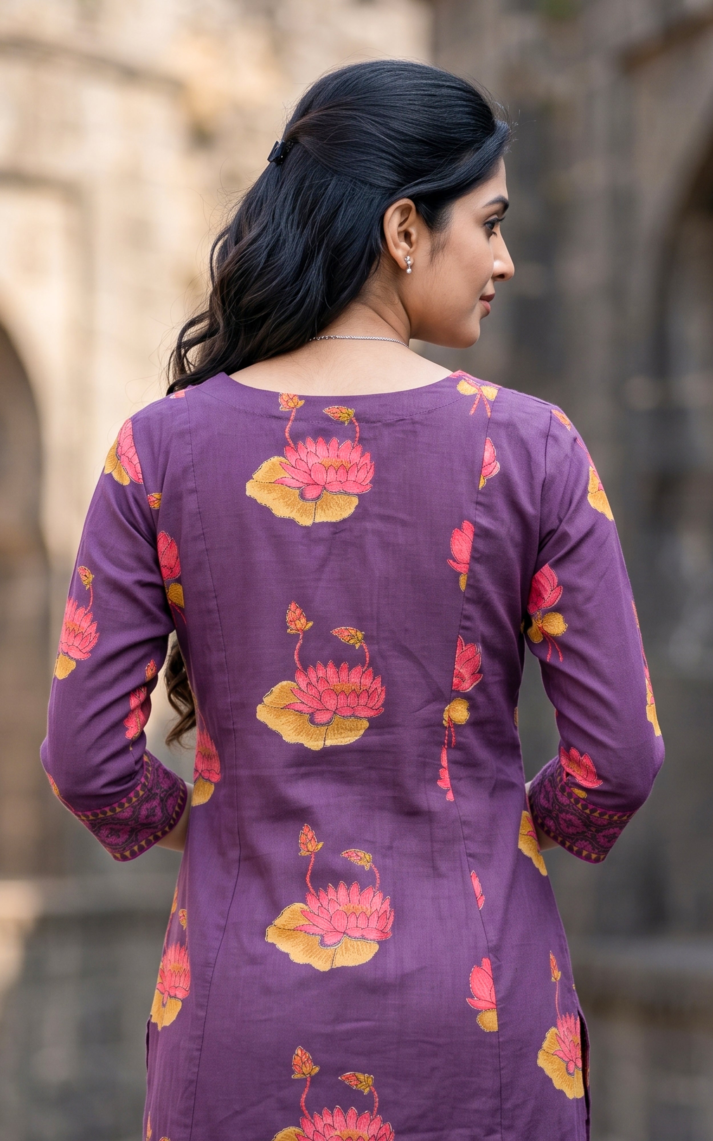 Purple Printed Cotton Semi Aline Kurti Set with Pintuck Detailing for Women