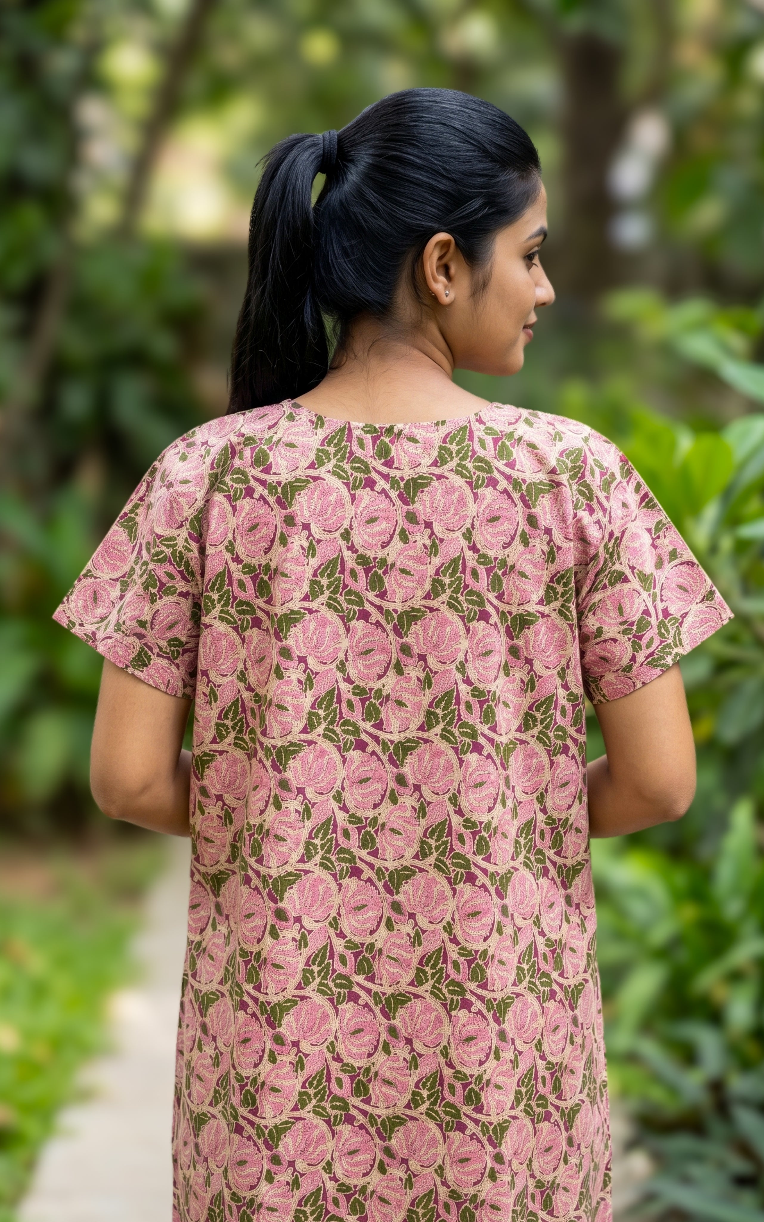 Instore - Multicolor Floral Print Cotton Long Nighty with Side Pocket, Relaxed Fit, Women's Sleepwear