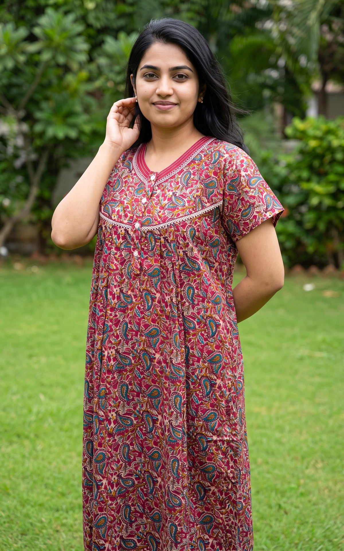 Instore – Reddish Pink Cotton Straight Fit Nighty for Women – Cotton – Printed – Ethnic Wear
