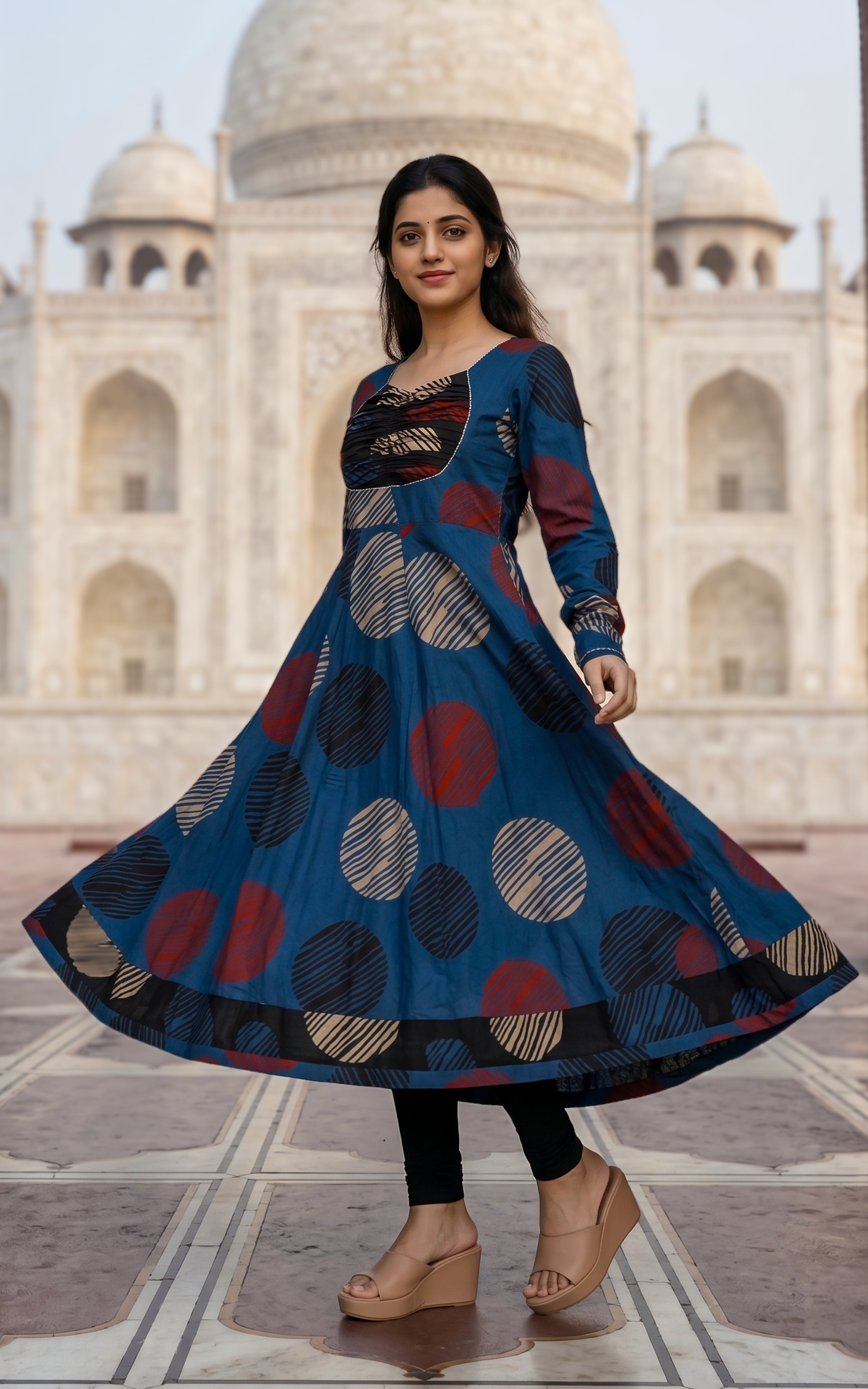 Instore - Blue Color Printed Cotton Flared Anarkali Kurti with Line Embroidery & Sweetheart Neck with Gathered Sleeve