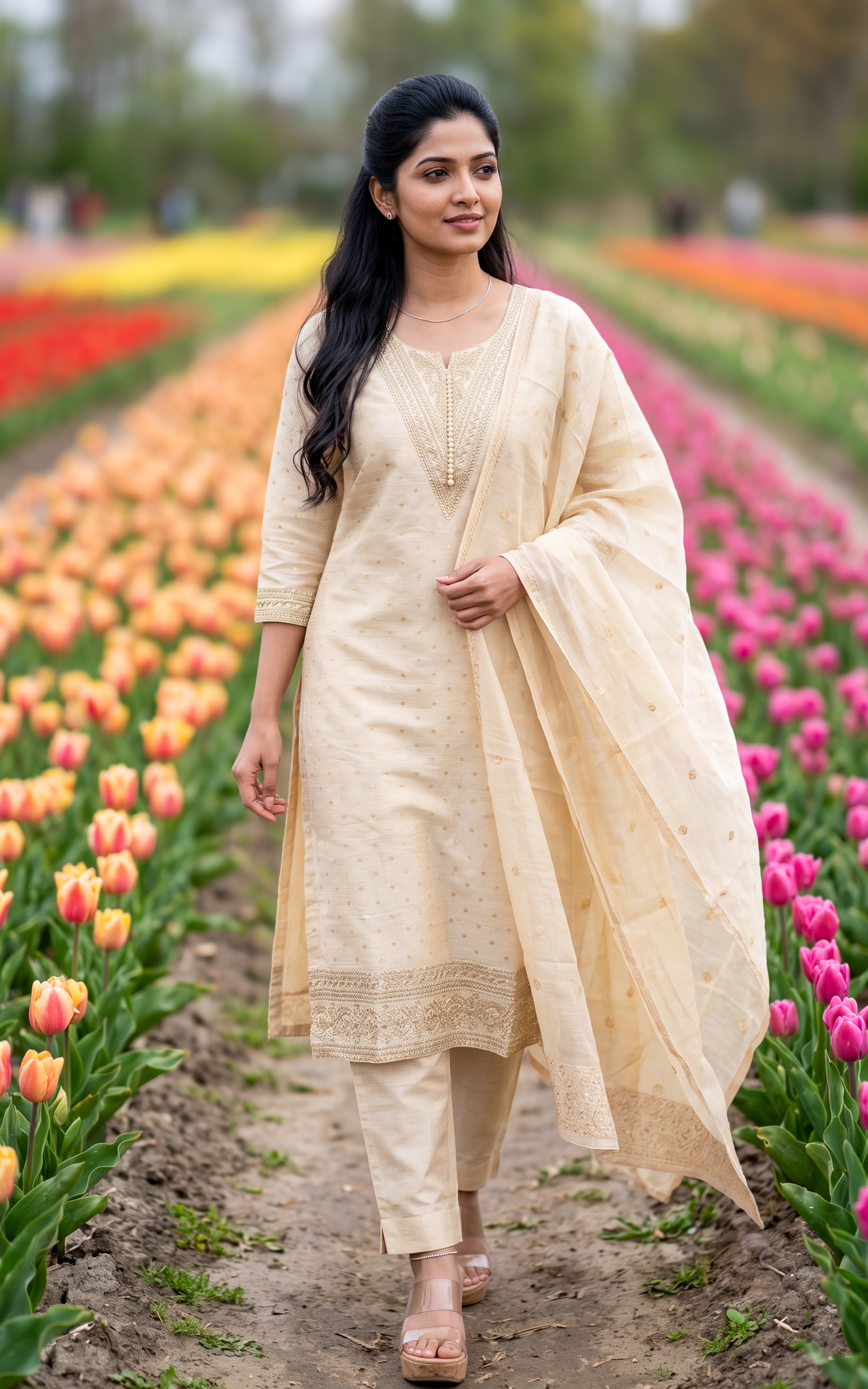 Beige Chanderi Kurti Set with One Side Pocket Pant for Women
