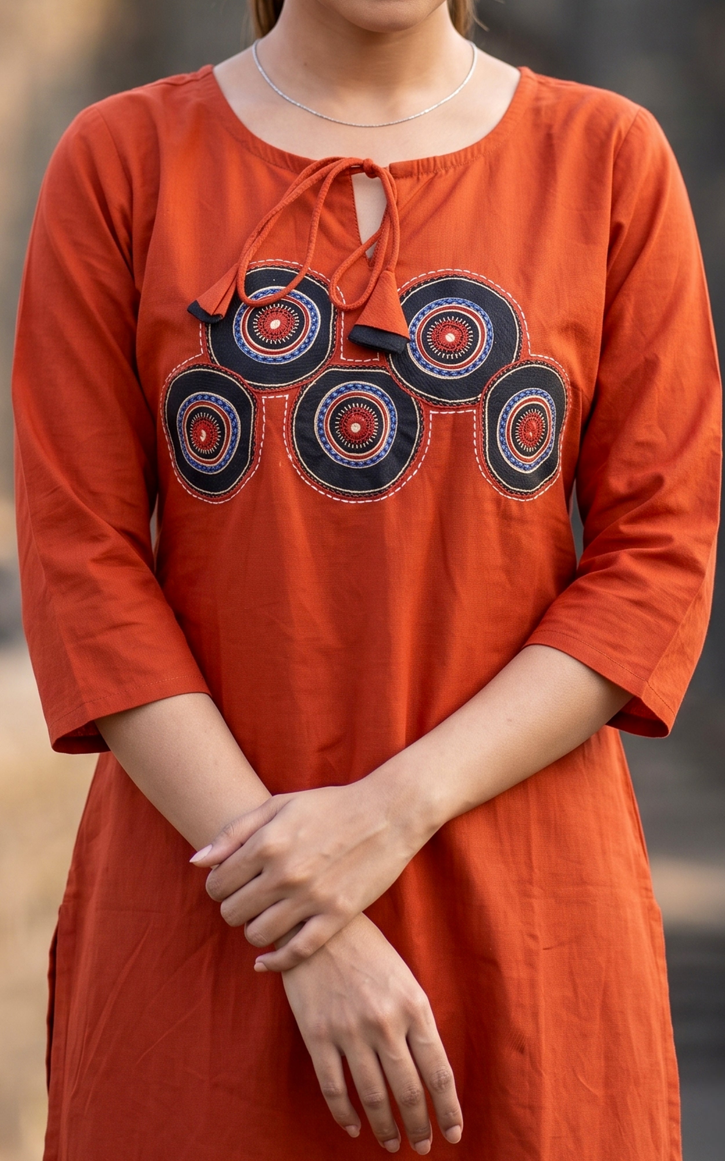 Brick Red Cotton Traditional Kurti Set for Women