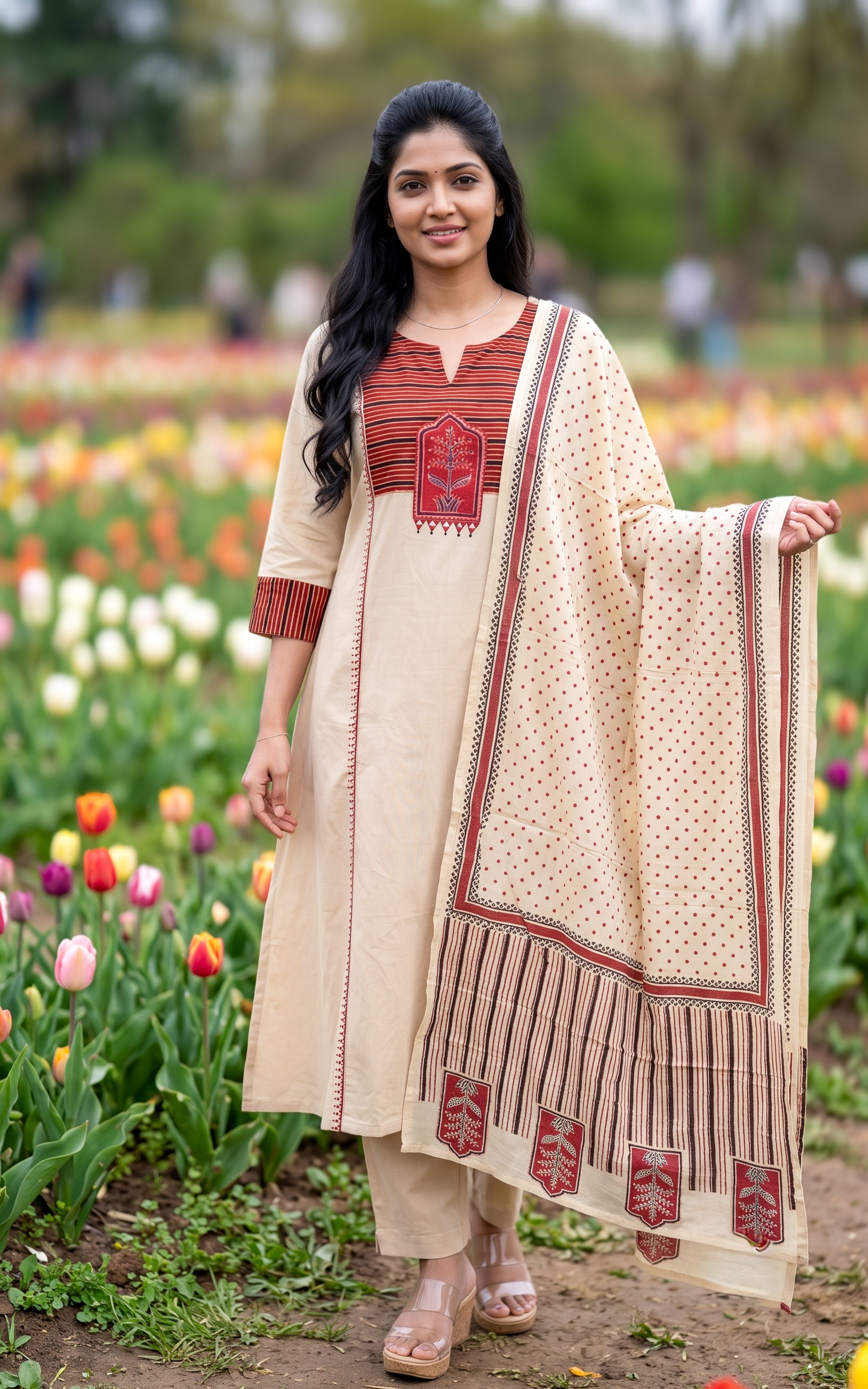 Beige Cotton Kurti Set for Women