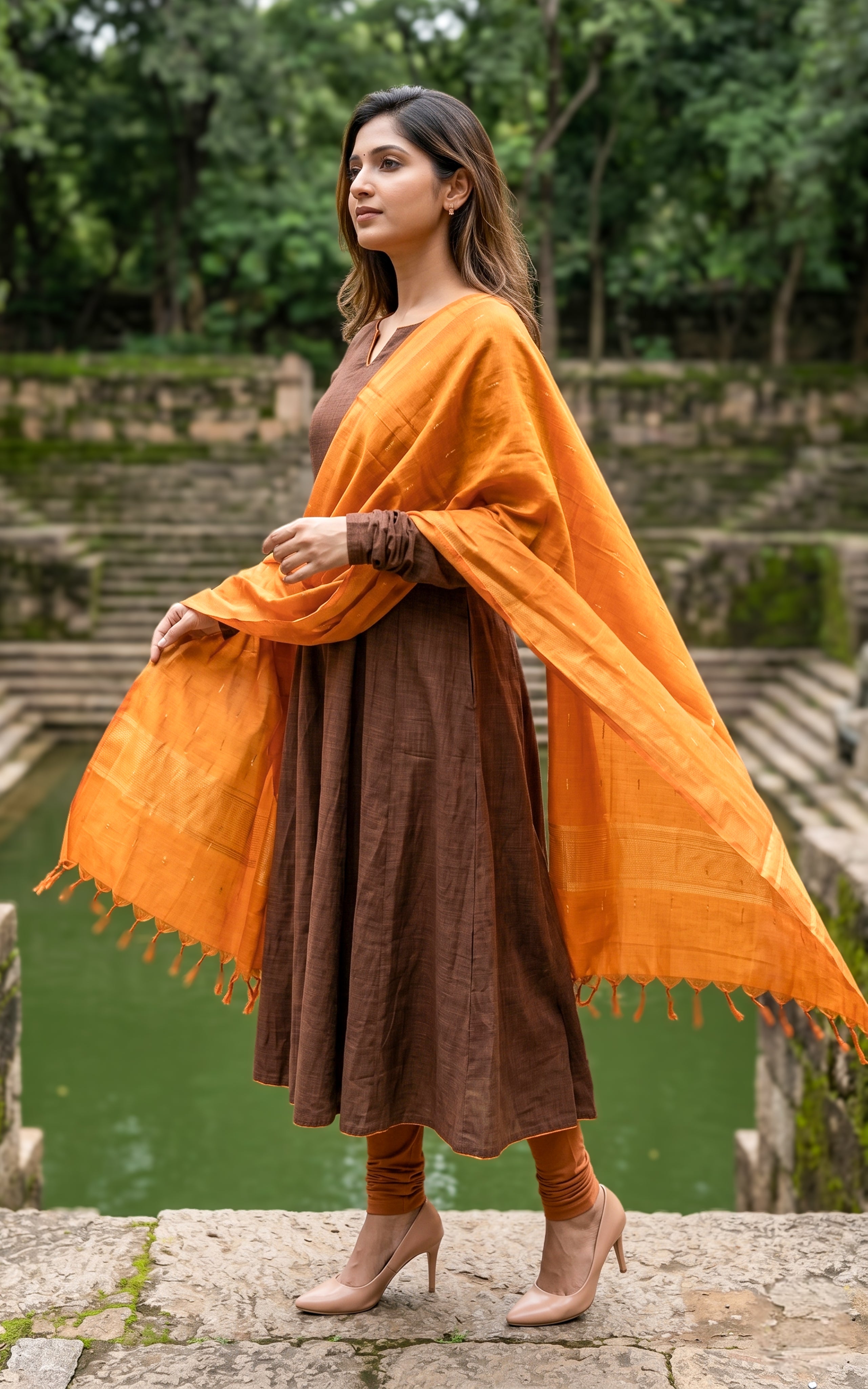 Instore - Brown Color Thick Slub Synthetic Anarkali with Gathered Sleeves, Paired with Handloom Dupatta