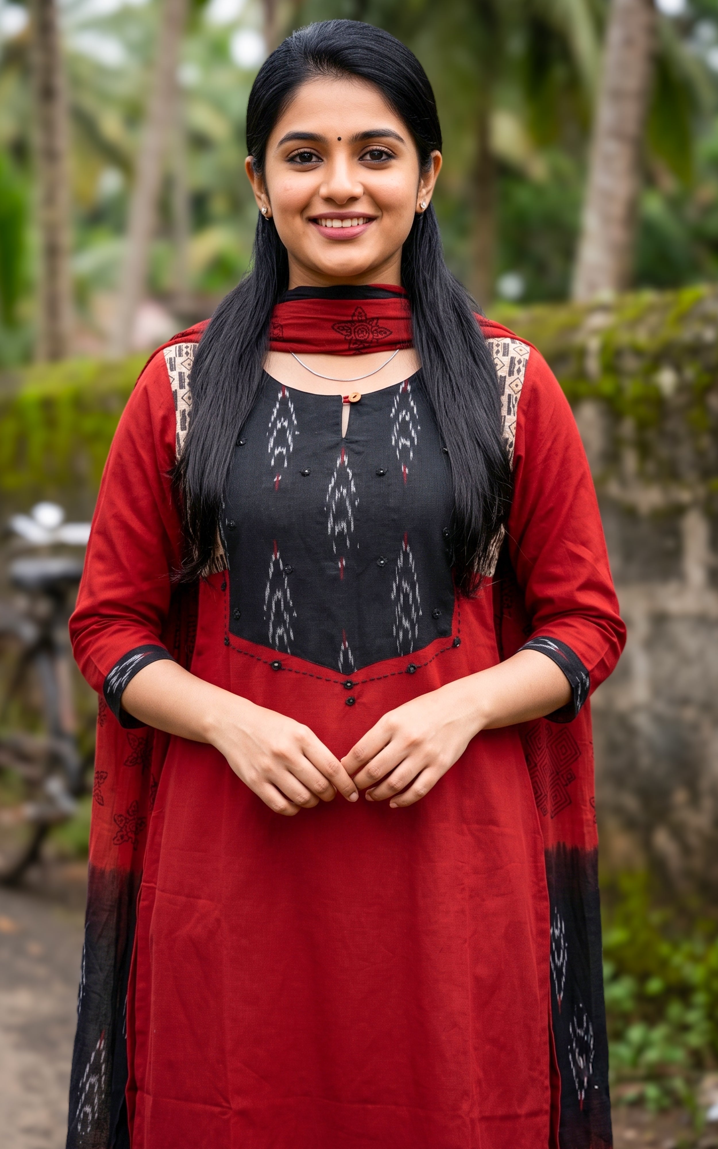 Brick Red Cotton Casual Wear Kurti Set with Dupatta for Women
