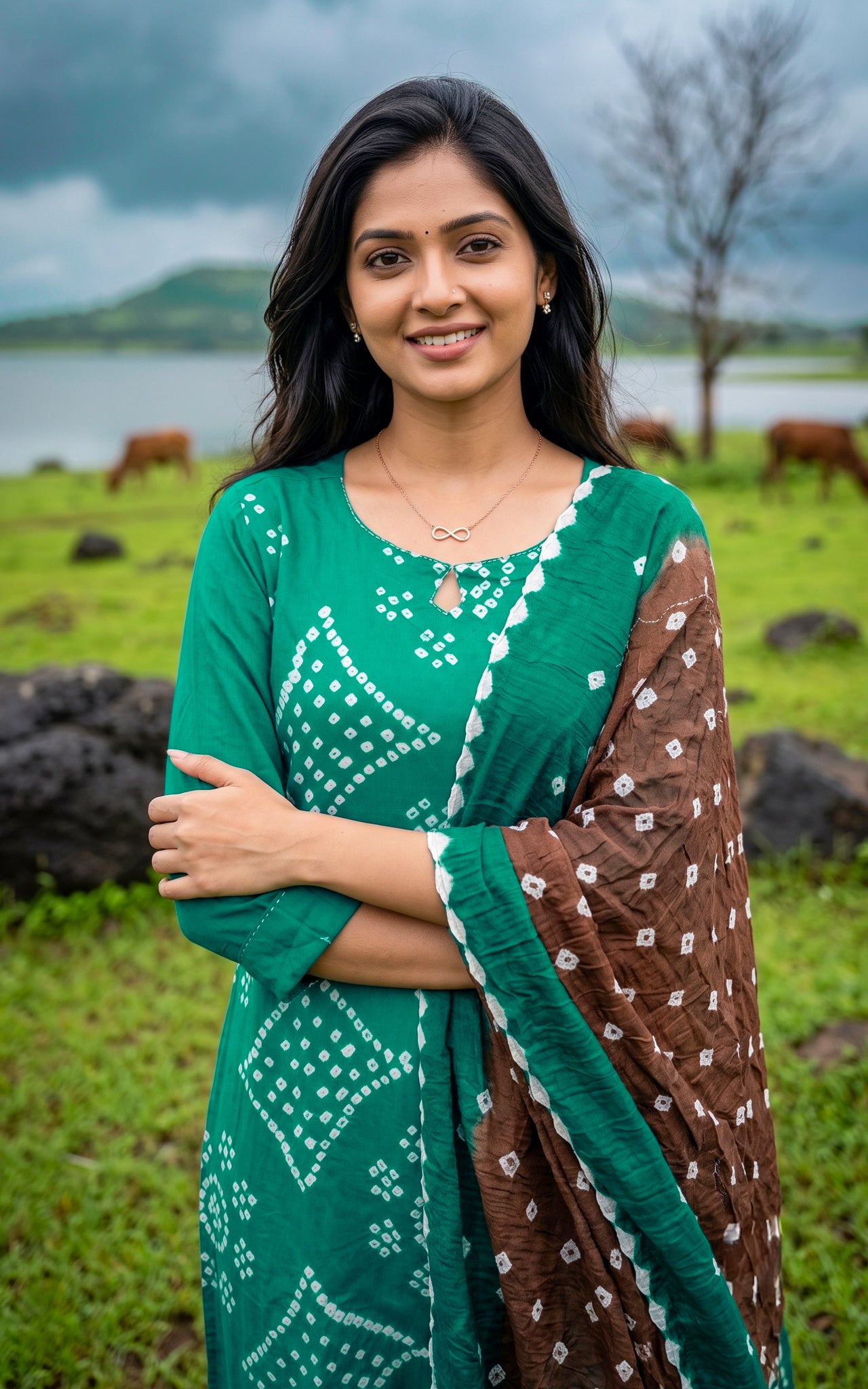 Rama Green and Brown Cotton Summer Collection Kurti Set for Women