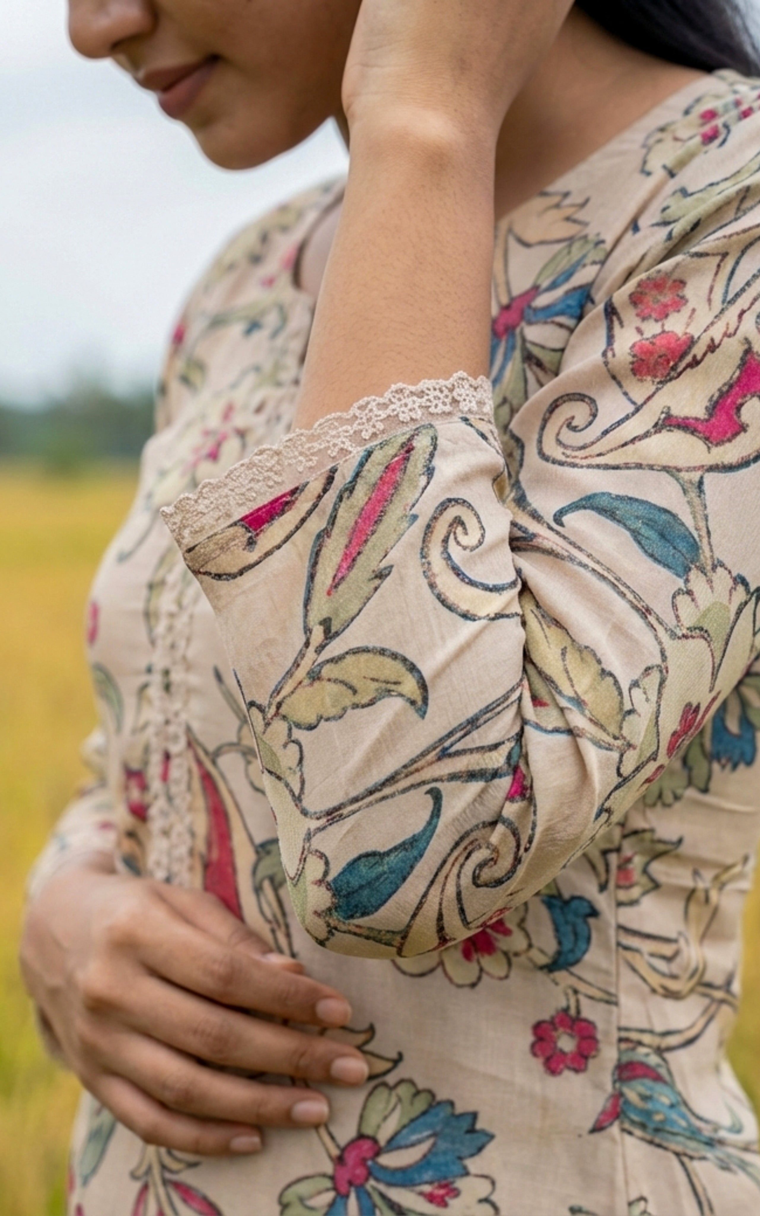 Instore - Beige Cotton Straight Cut Kurti with Featuring Side Slit Crochet Lace Detailing with Cotton Lining