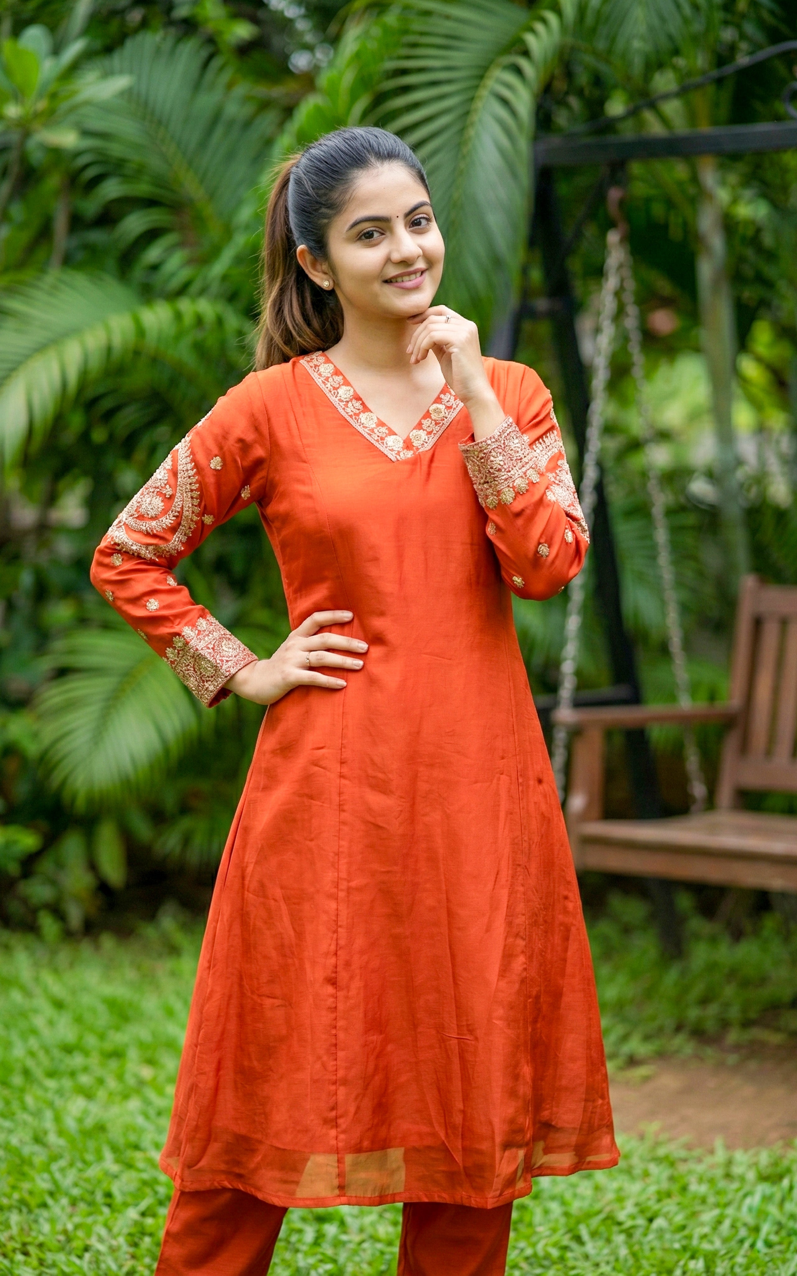 Instore - Orange Art Silk V Neck Sequence Embroidery Aline Kurti with Side Slit & One Side Pocket with Art Silk Dupatta